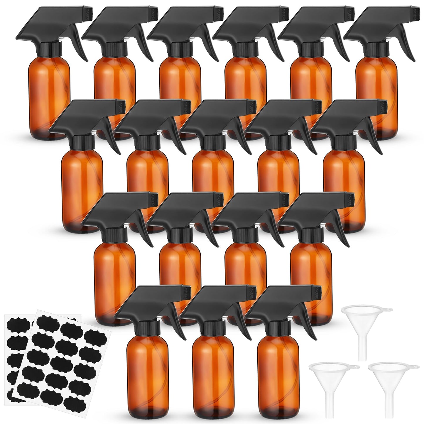 Fumete 20 Pcs 4 oz Glass Spray Bottles Empty Refillable Sprayer Containers with Funnels Labels Black Trigger Sprayers Spray Bottles for Essential Oil DIY Kitchen Hair Plants(Amber)