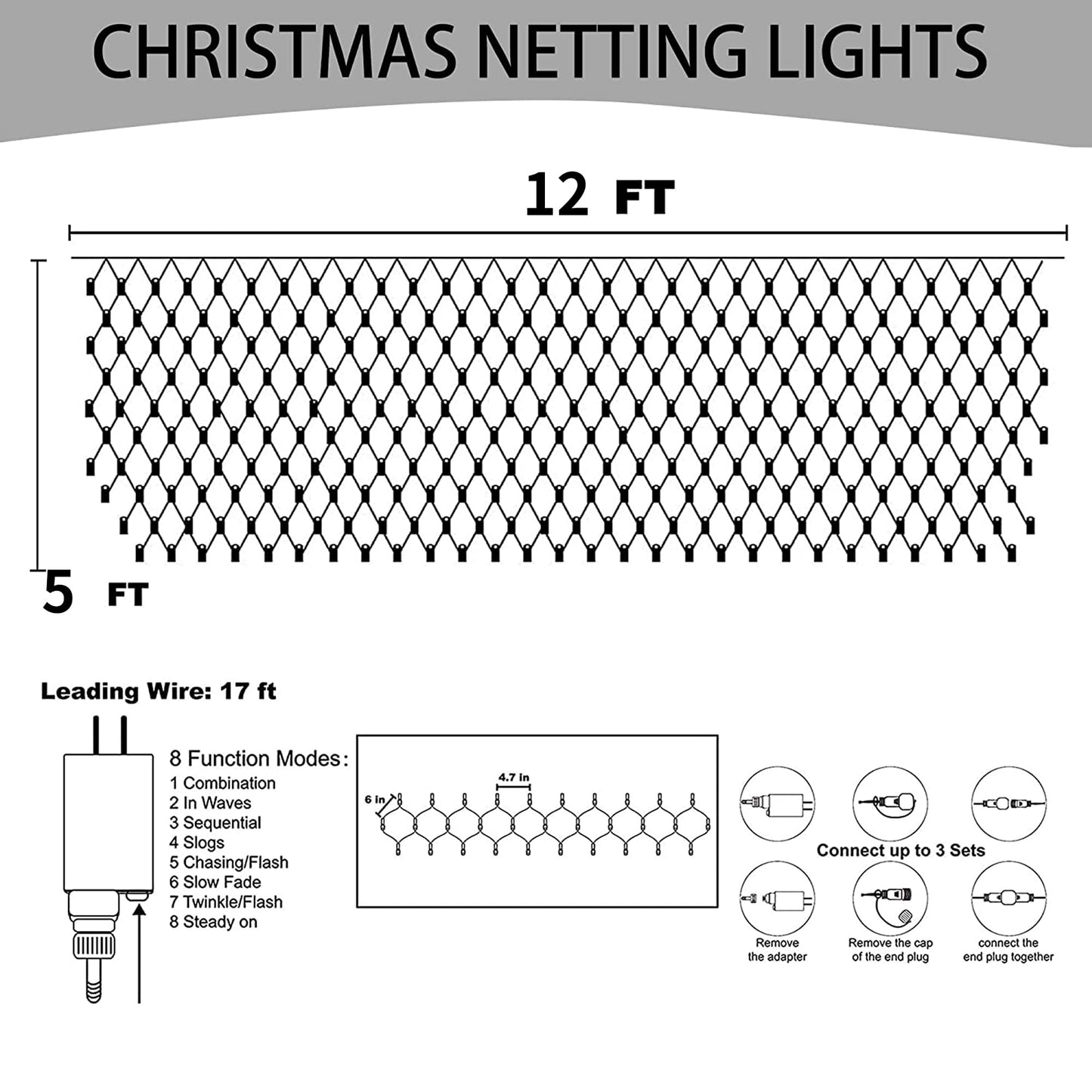 Dazzle Bright Christmas 360 LED Net Lights, 12FT x 5 FT Connectable Waterproof String Lights with 8 Modes, Christmas Decorations for Indoor Outdoor Xmas Party Yard Garden Decor (Warm White)