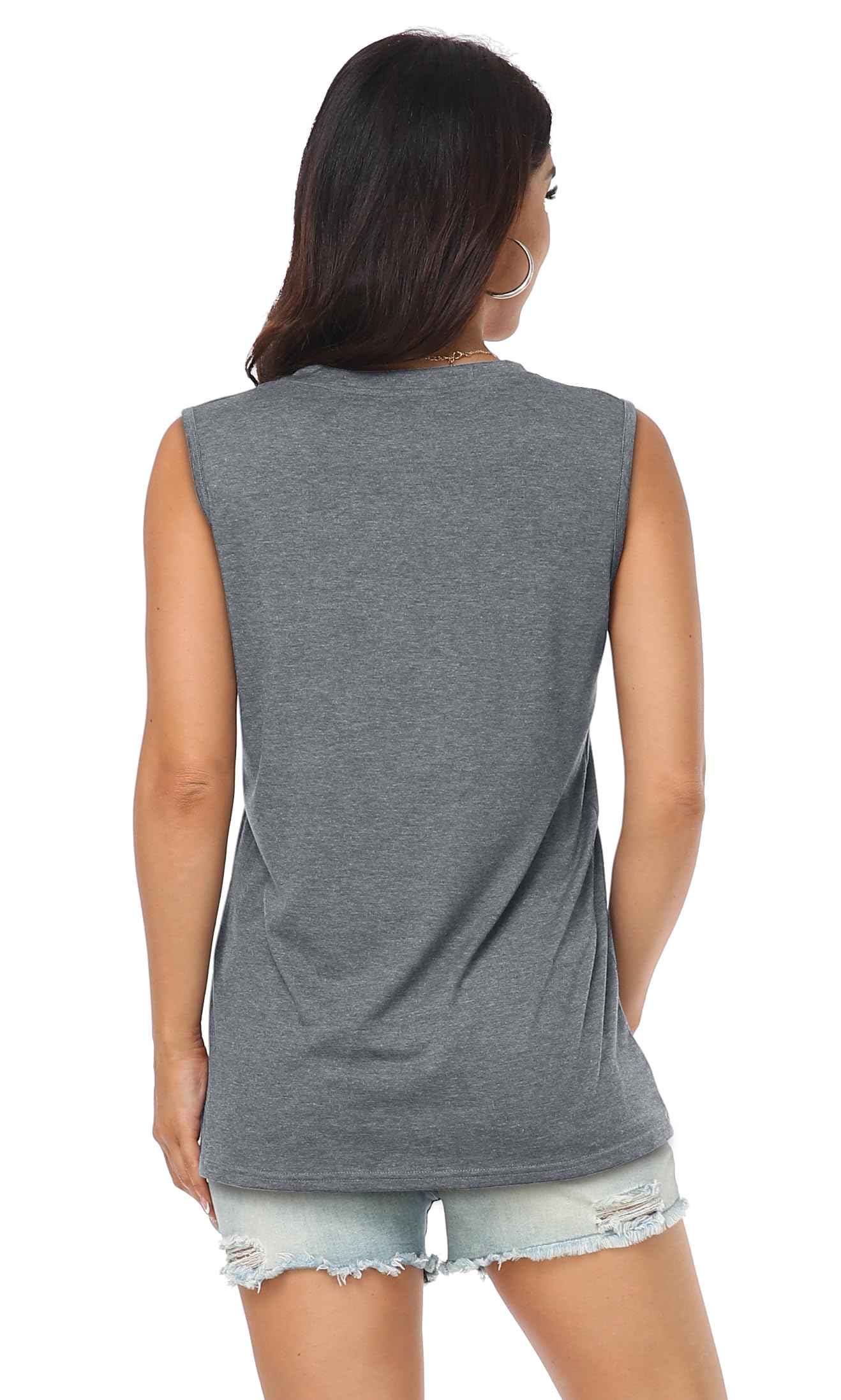 Womens Summer Tops Sleeveless Casual Loose Fit Graphic Blouses(Grey Letters, S)