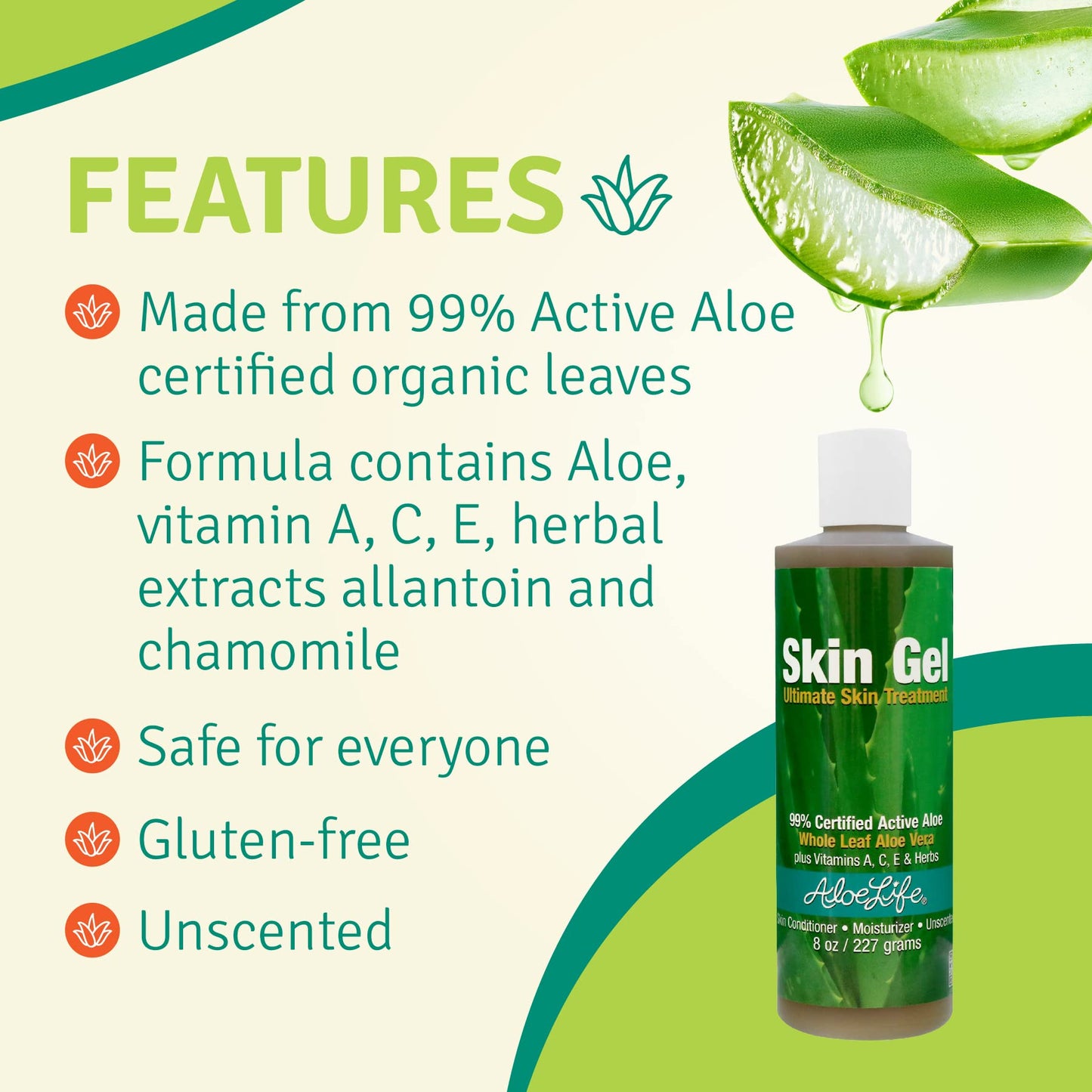 Aloe Life – Skin Gel & Herbs Ultimate Skin Treatment, 99% Certified Organic Whole Leaf Aloe Vera, Vitamins C, A, & E, Head-to-Toe Skin Care Support for the Whole Family, Fragrance-Free (8 oz)