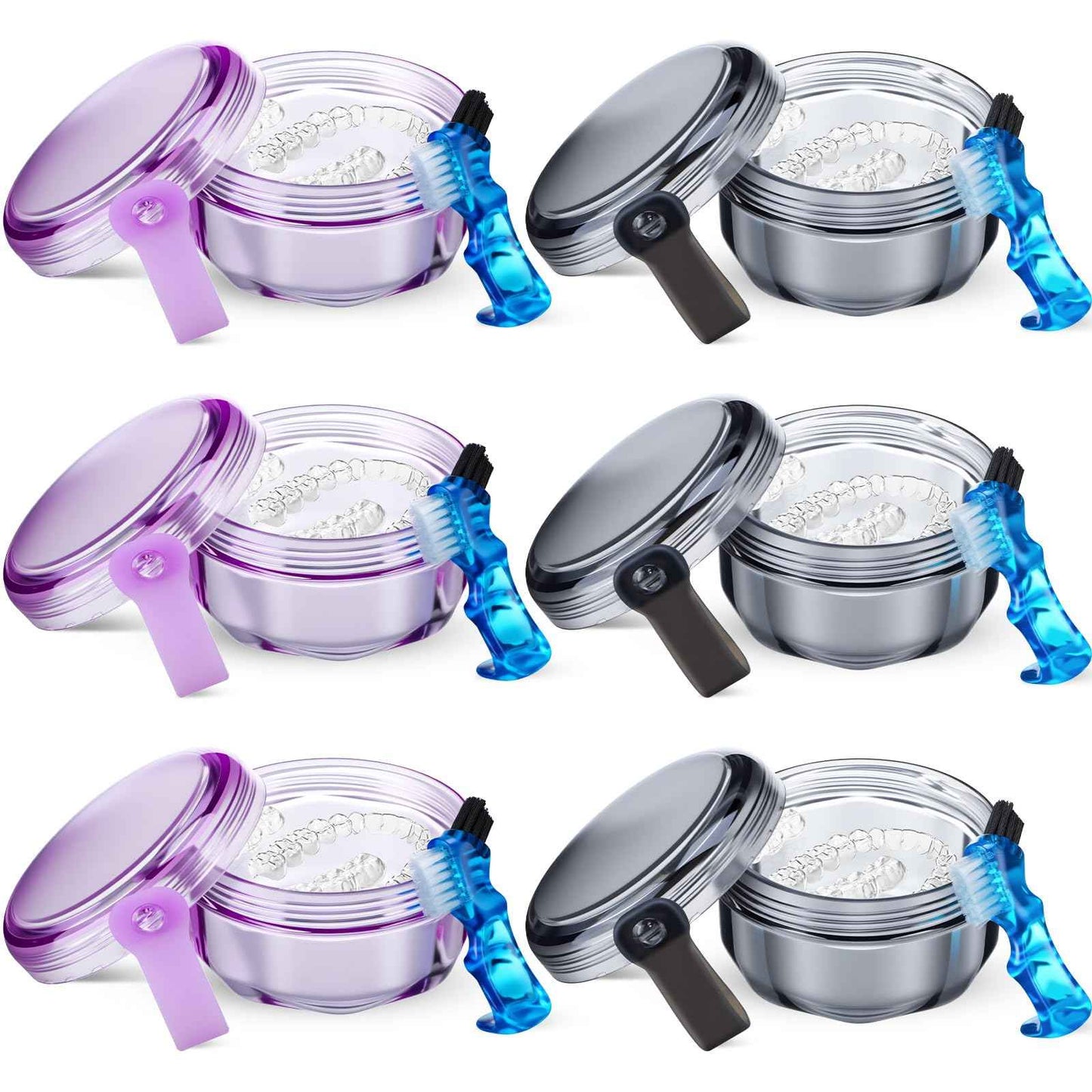 Sieral 6 Pcs Denture Case, Leak Proof Denture Bath Cup for Travel, False Teeth Container Cups for Soaking Full & Partial Dentures, Retainers, False Teeth Cleaning Kit Holder Box with Cleaner Brush