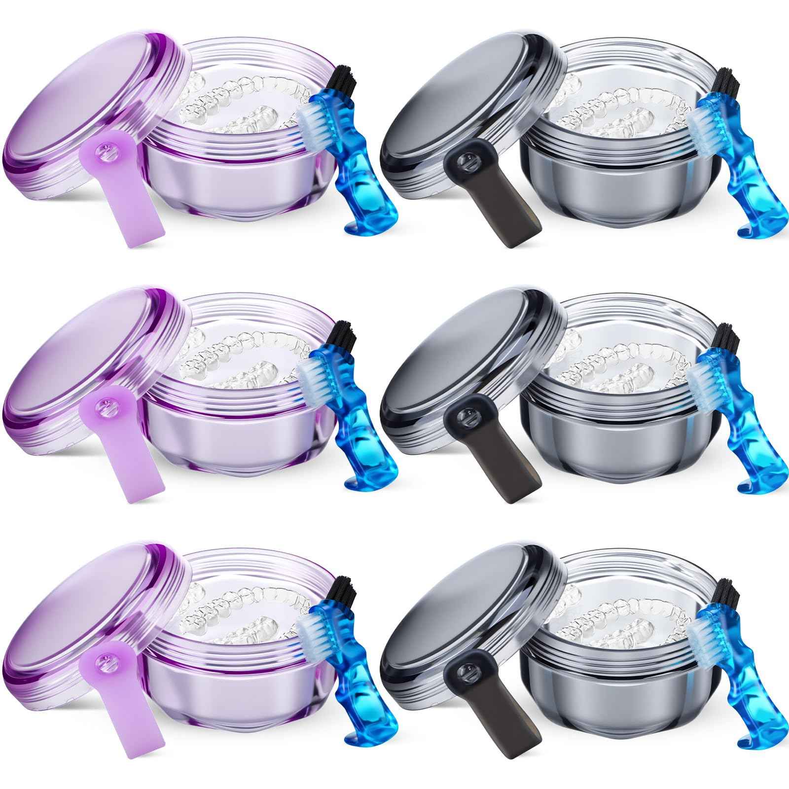 Sieral 6 Pcs Denture Case, Leak Proof Denture Bath Cup for Travel, False Teeth Container Cups for Soaking Full & Partial Dentures, Retainers, False Teeth Cleaning Kit Holder Box with Cleaner Brush