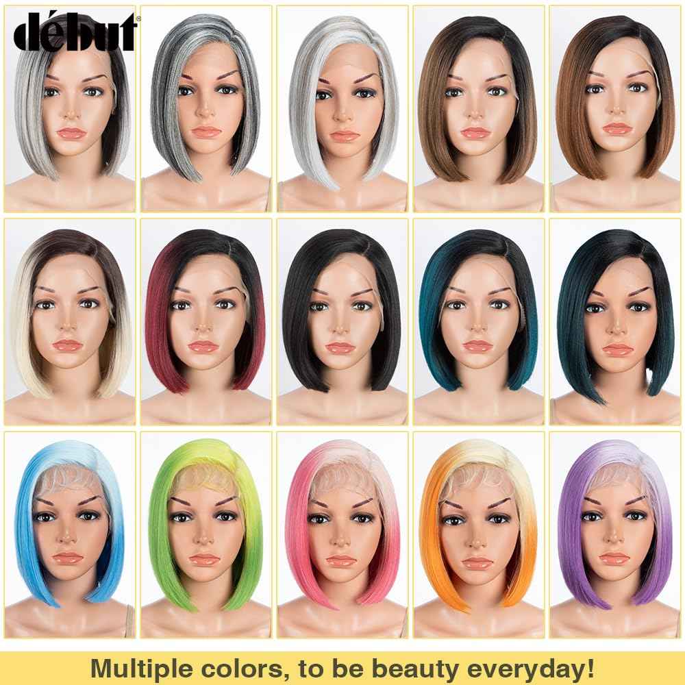DÉBUT Lace Front Bob Wigs Ombre Neon Green Side Part Lace with Hand-Tied Lace Front Short Bob Synthetic Wig for Women Lemon Green Color