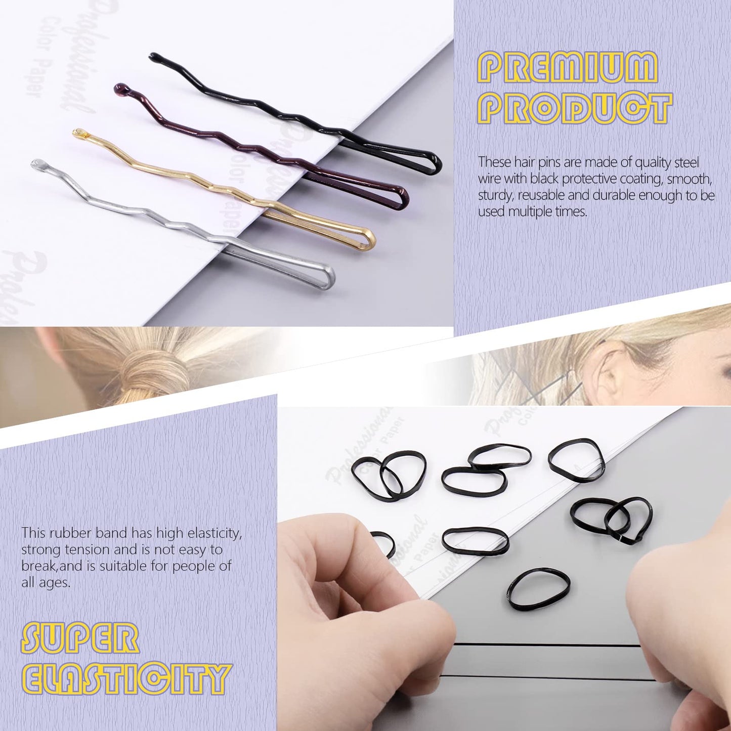 Swpeet 420Pcs 2 Styles 1.9Inch 2.4Inch Black/Gold/Brown/Silver Hair Pins Bobby Pins with Rubber Bands Kit, Including 160Pcs Bobby Pins and 160Pcs U Hair Pins Hair Clips for Girls and Women