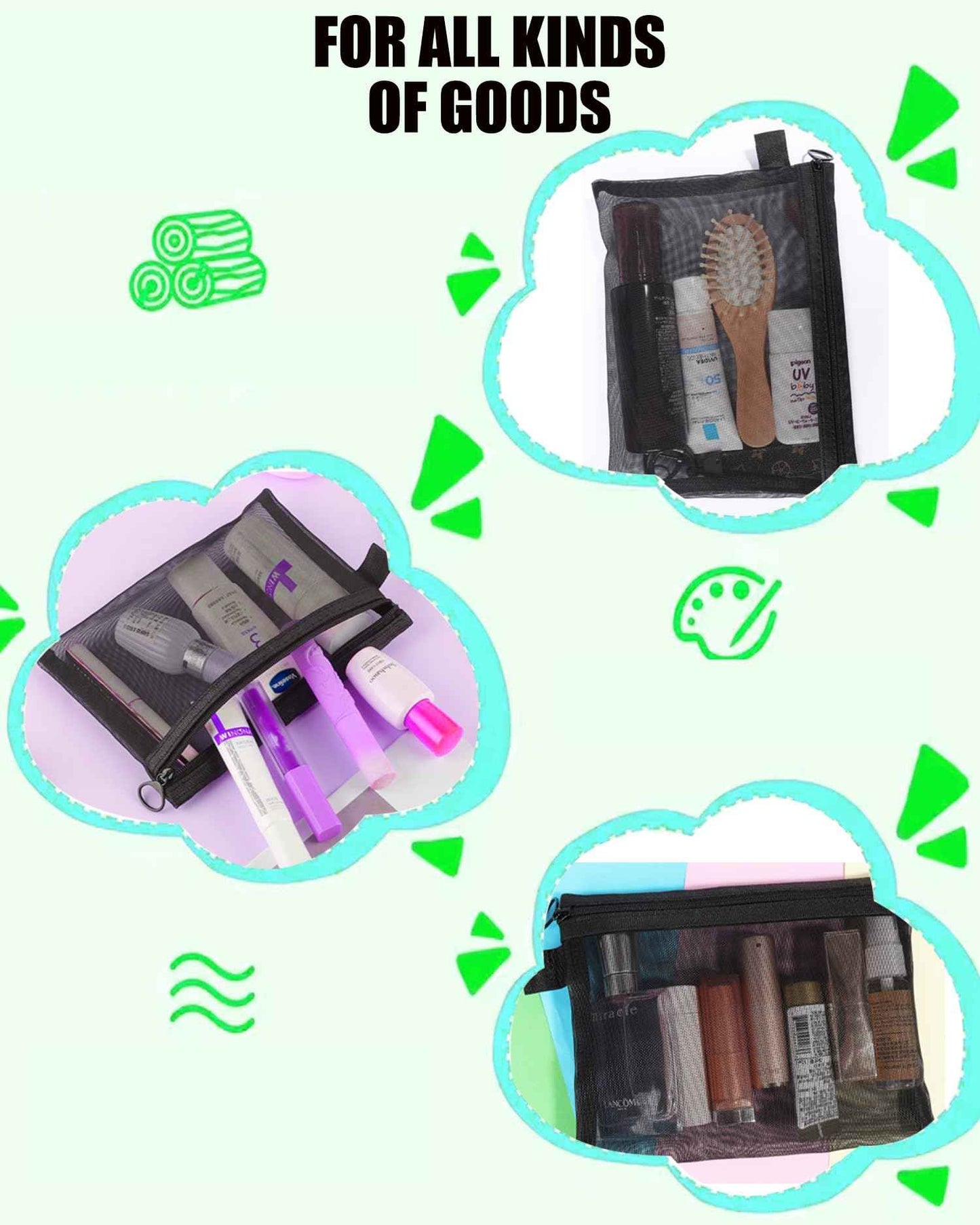 HORNYPOOT 3 Pcs Mesh Zipper Pouch Bags,Small Zipper Mesh Bags，Nylon Mesh Pouch Coin Purse Cosmetic Case，Travel Toiletry Bag for Daily Toiletries Office Supplies (3pcs Black-(S M Large), 3)