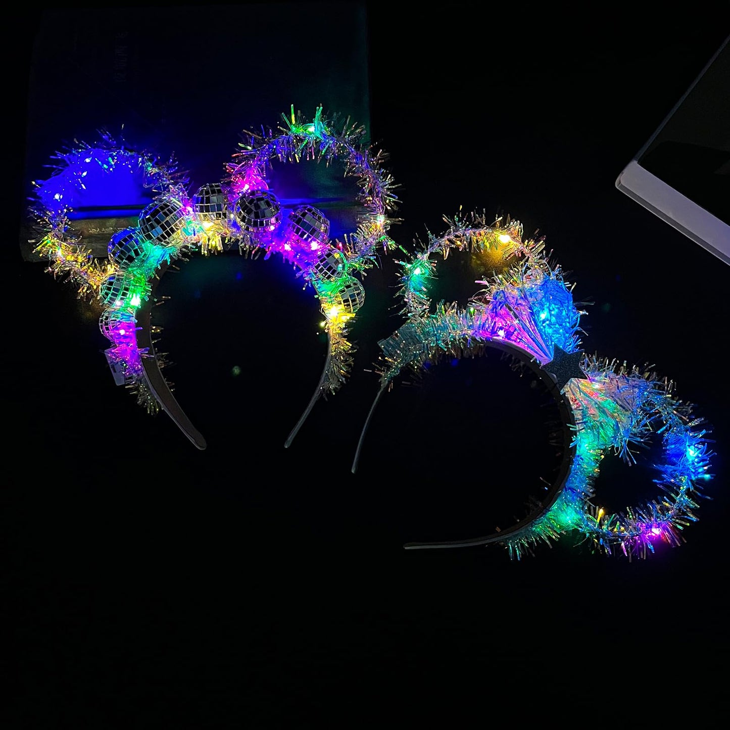 VISSTREE Laser Light Up LED Mouse Ears Headband Glow Hair Hoop Luminous Hair Band Glitter Flashing Headpiece for Holiday Rave Nightclub Costume Theme Park Birthday Halloween Party Hair Accessories