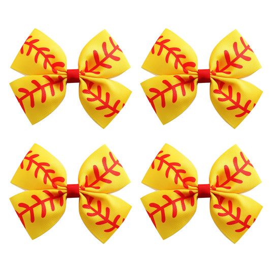 4PCS Softball Hair Bow Clips for Girls Women 4 Inch Yellow Ribbon Cheer Hair Accessories Party Gift