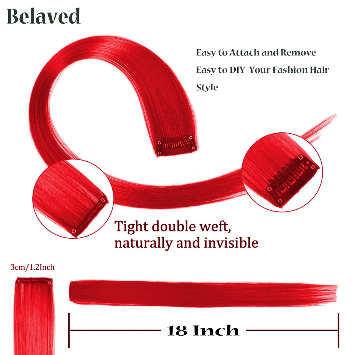 Belaved 6Pcs Red Clip in Hair Extensions Colored Hair Extensions 16inch Long Straight Hairpiece Clip ins Colorful Hair Extensions Hair Acessories for Women Girls Daily Party Cosplay Chritmas Gift