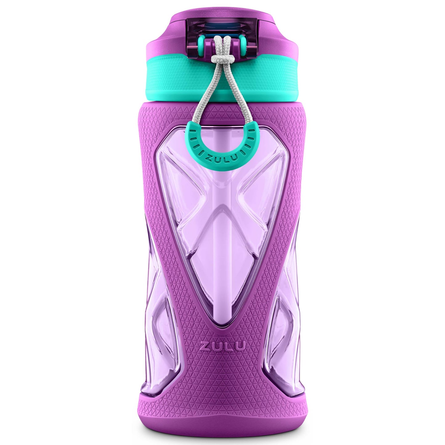 Zulu Torque 16oz Plastic Kids Water Bottle with Silicone Sleeve and Leak-Proof Locking Flip Lid and Soft Touch Carry Loop for School Backpack, Lunchbox, Outdoor Sports, Dishwasher Safe, Purple