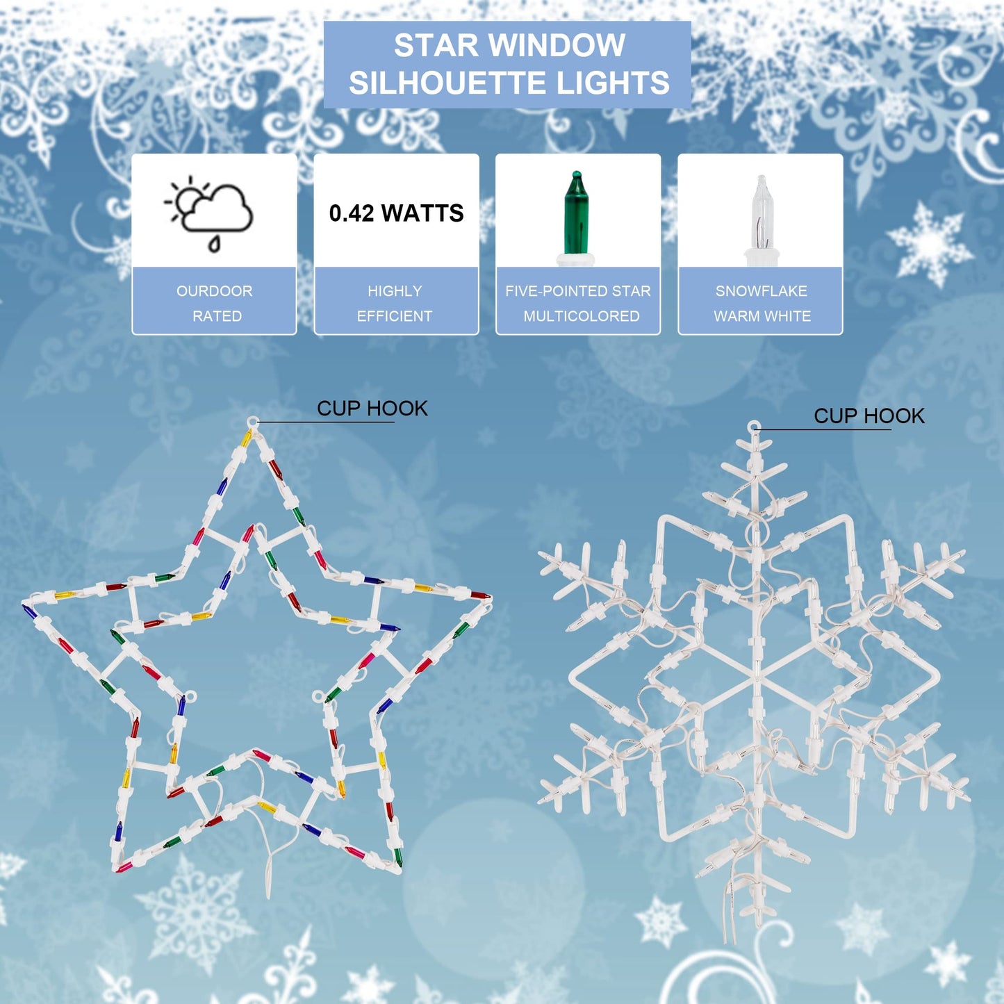 Twinkle Star 2 Pack 16" Christmas Window Silhouette Lights, Lighted Snowflake and Xmas Star Double Sided Decorations with 100 Count Incandescent Mini Light, for Holiday Indoor Wall Door Glass Décor