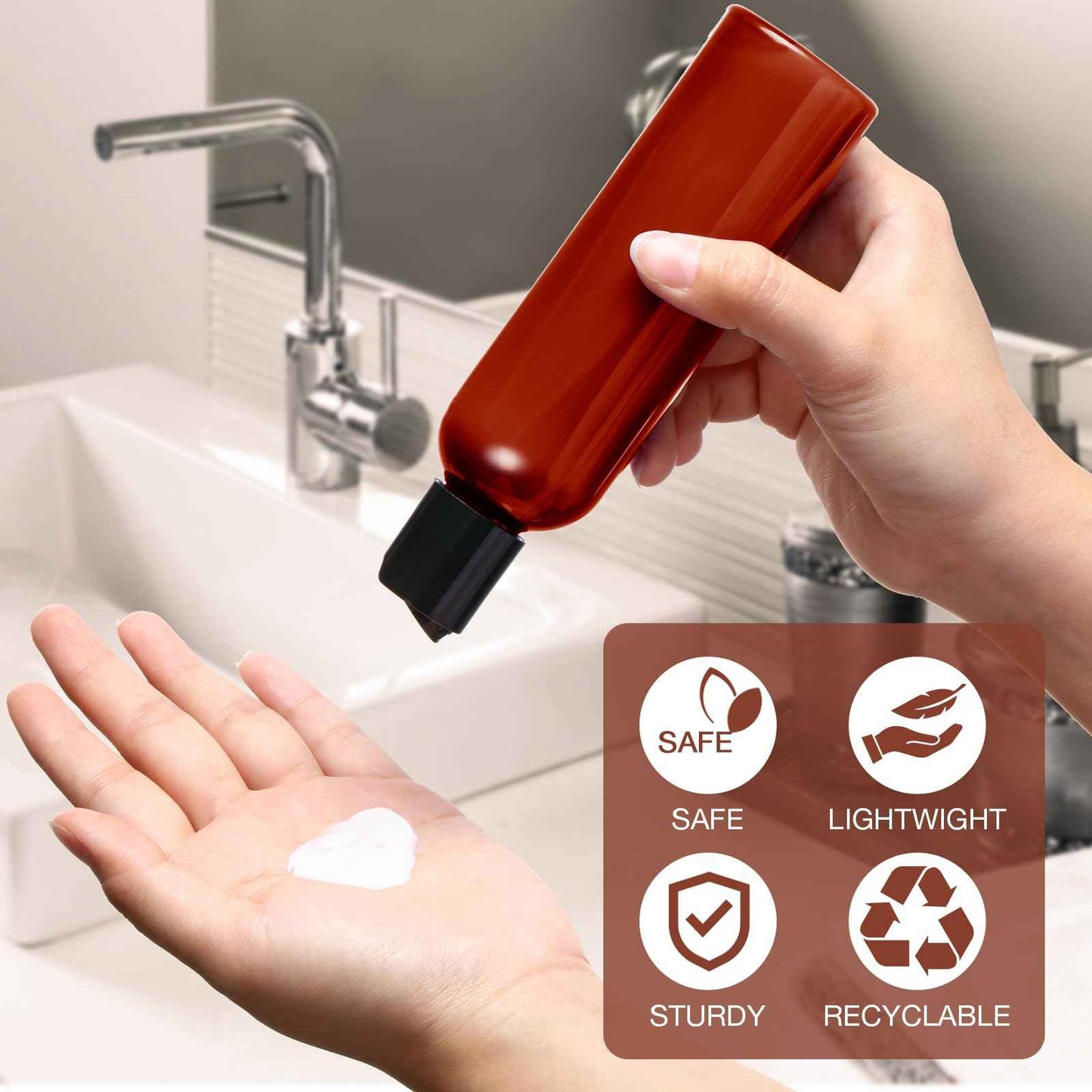 Mimorou 30 Pack Amber Empty Bottles Plastic Squeeze Bottles with Disc Top Flip Cap Small Empty Travel Squeeze Bottle for Lotions Liquid Body Soap Conditioner Creams(6.8 oz)