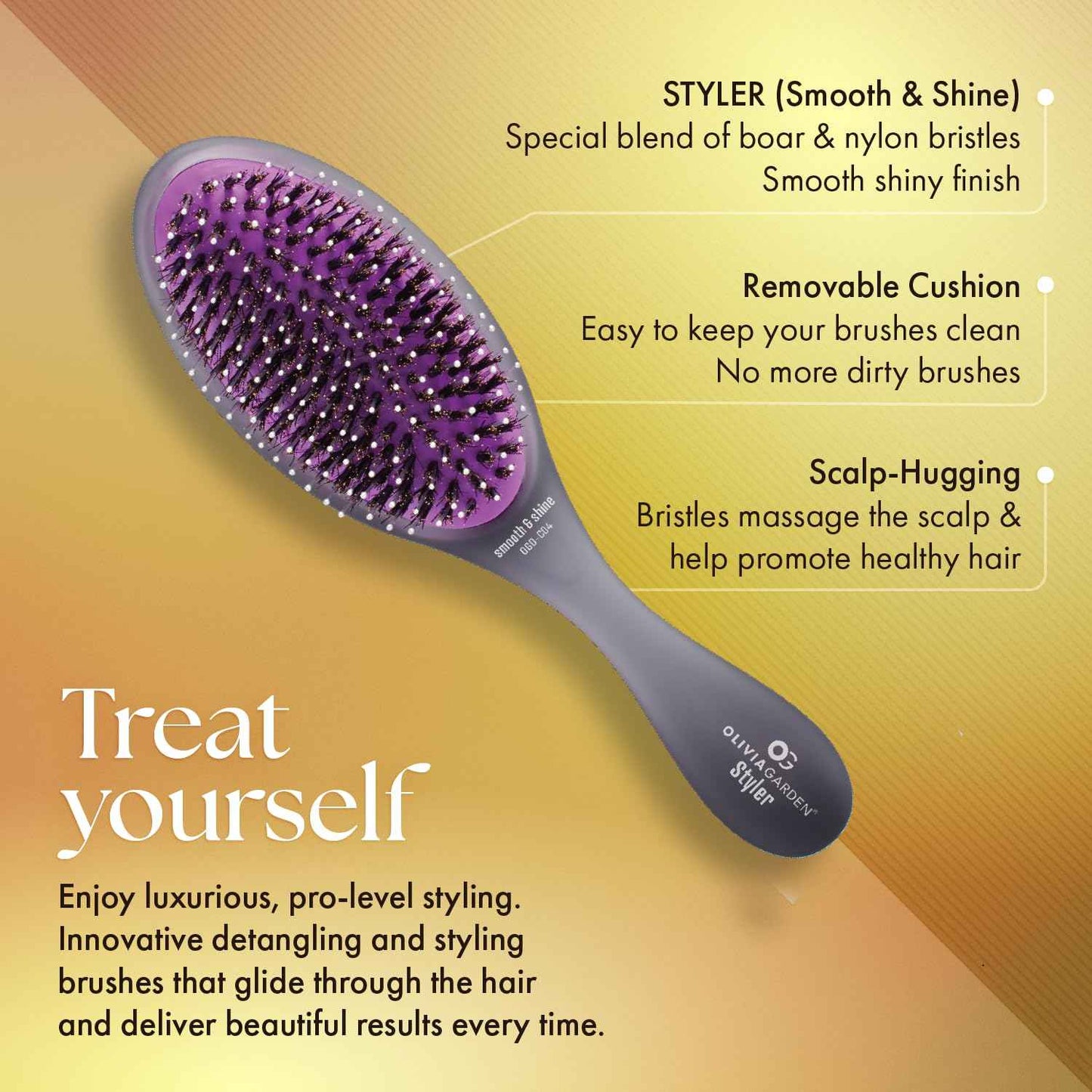 Olivia Garden Brush Collection, removable cushion, scalp hugging massages the scalp, 1 fine to medium, 1 medium to thick detangler, 1 smooth and shine styler, for wet or dry hair, 3-Piece Kit - Black