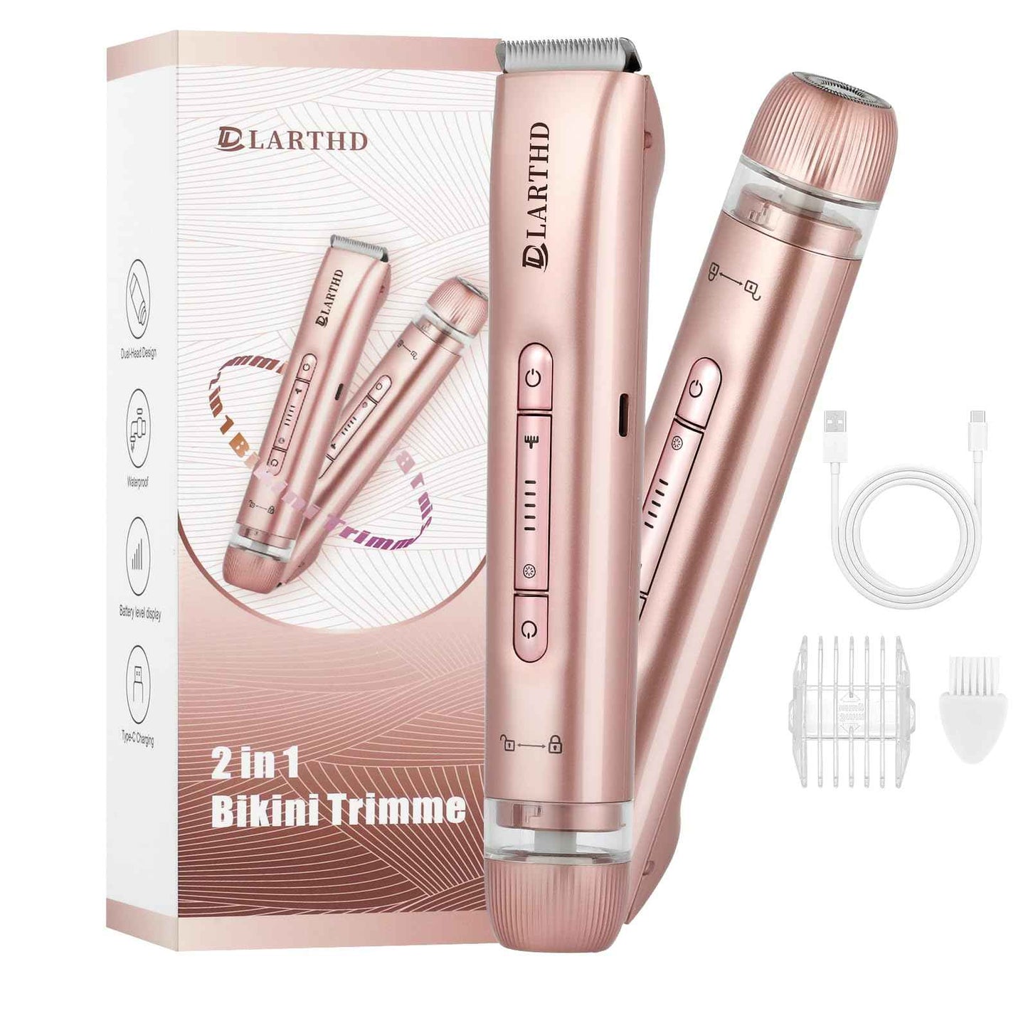 LARTHD 2 in 1 Women Electric Shaver Dual Head Bikini Trimmer for Women IPX7 Waterproof Wet & Dry Use Body Hair Trimmer and Facial Hair Remover for Bikini Underarm Leg Arm Body Face