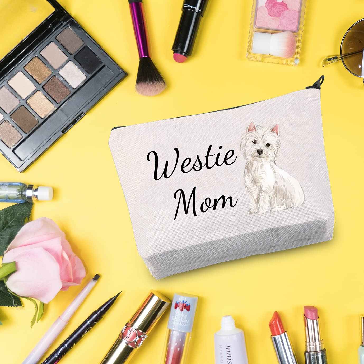 G2TUP Westie Lover Gift Westie Mom Makeup Bag West Highland Terrier Dog Owner Cosmetic Bag Dog Mom Pet Lover Gift Zipper Travel Bag (Westie Mom White Bag)