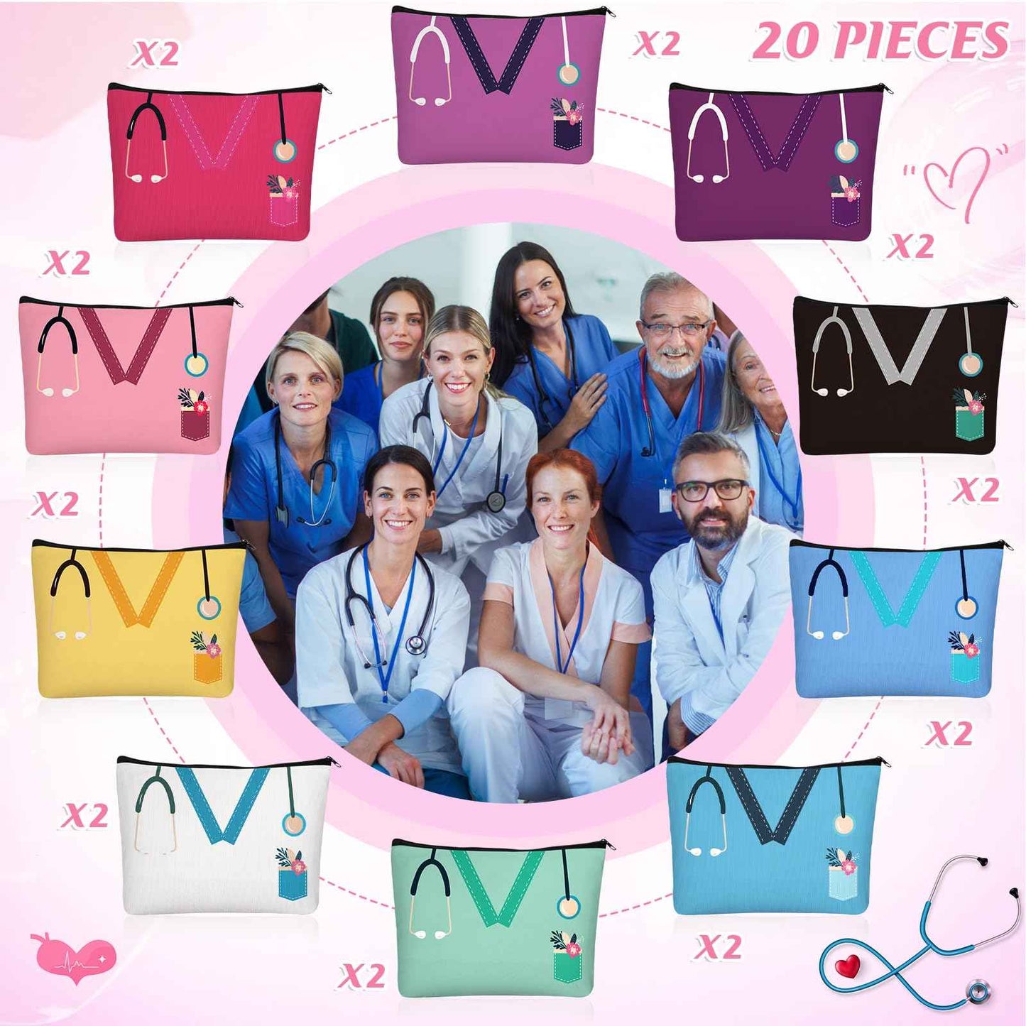 Sabary 20 Pcs Nurse Makeup Canvas Bags Bulk Nurse Appreciation Gifts Nursing Thank You Cosmetic Bag with Zipper Travel Work Accessories Pouch for Rad Tech Week Radiology Party Favors Christmas Gifts