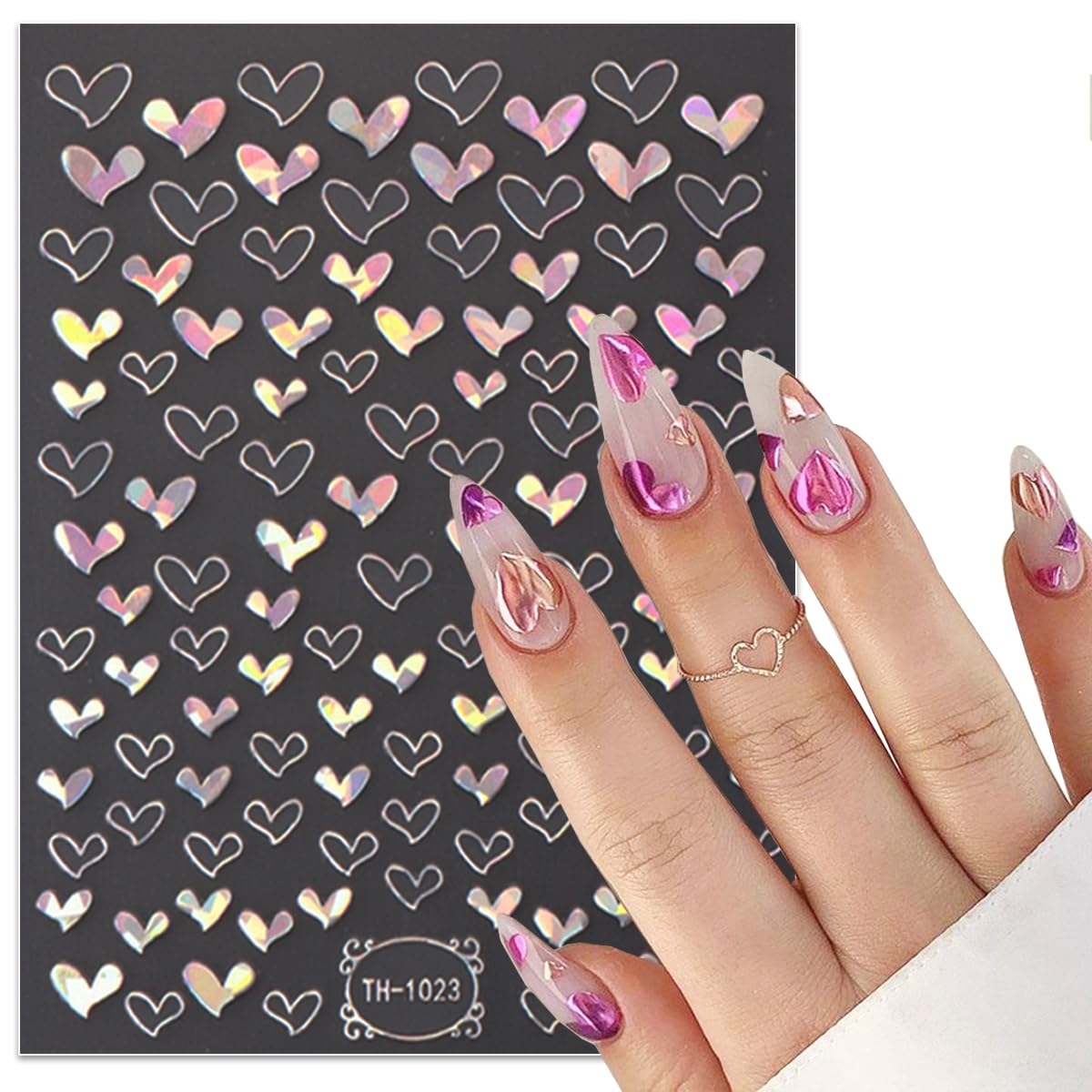 6 Sheets Valentine's Day Nail Art Stickers Heart Nail Stickers Self-Adhesive Metal Gold Silver Pink Bronzing Heart Charm Nail Stickers for Acrylic Nail Tips Design False Nail Supplies for Women