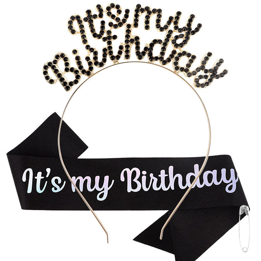 BAHABY It's My Birthday Sash & Rhinestone Tiara Set, Black - Princess Hairband for Women, Birthday Party Decorations for Wife, Mom, Sisters, Friends and Family