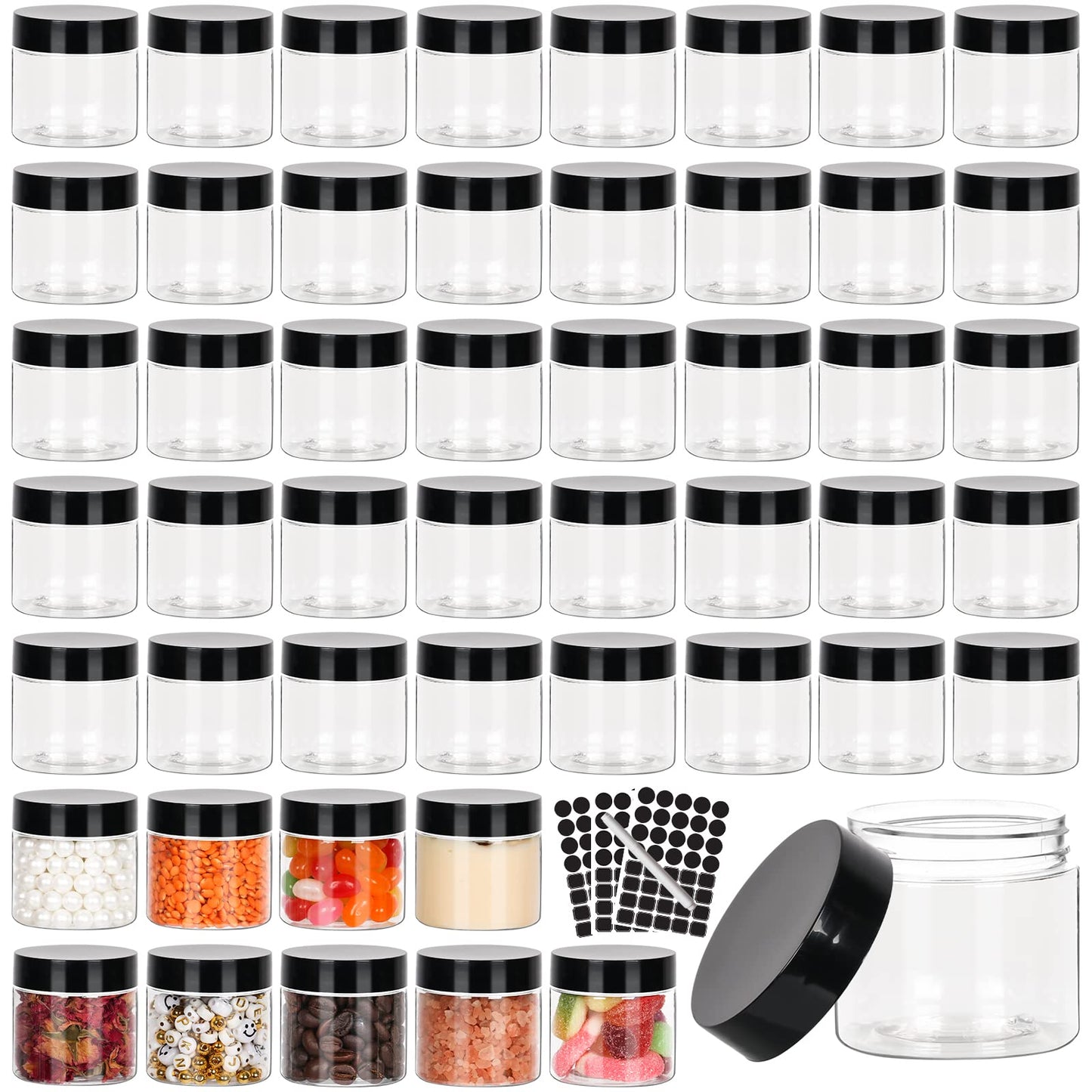 50pcs 2 oz Clear Plastic Round Jars with Black Lids, 2oz 60ml Leak-Proof Wide-Mouth Cosmetic Storage Containers for Kitchen Use, Beauty Products, Cream, Scrubs, Bath Salt and More