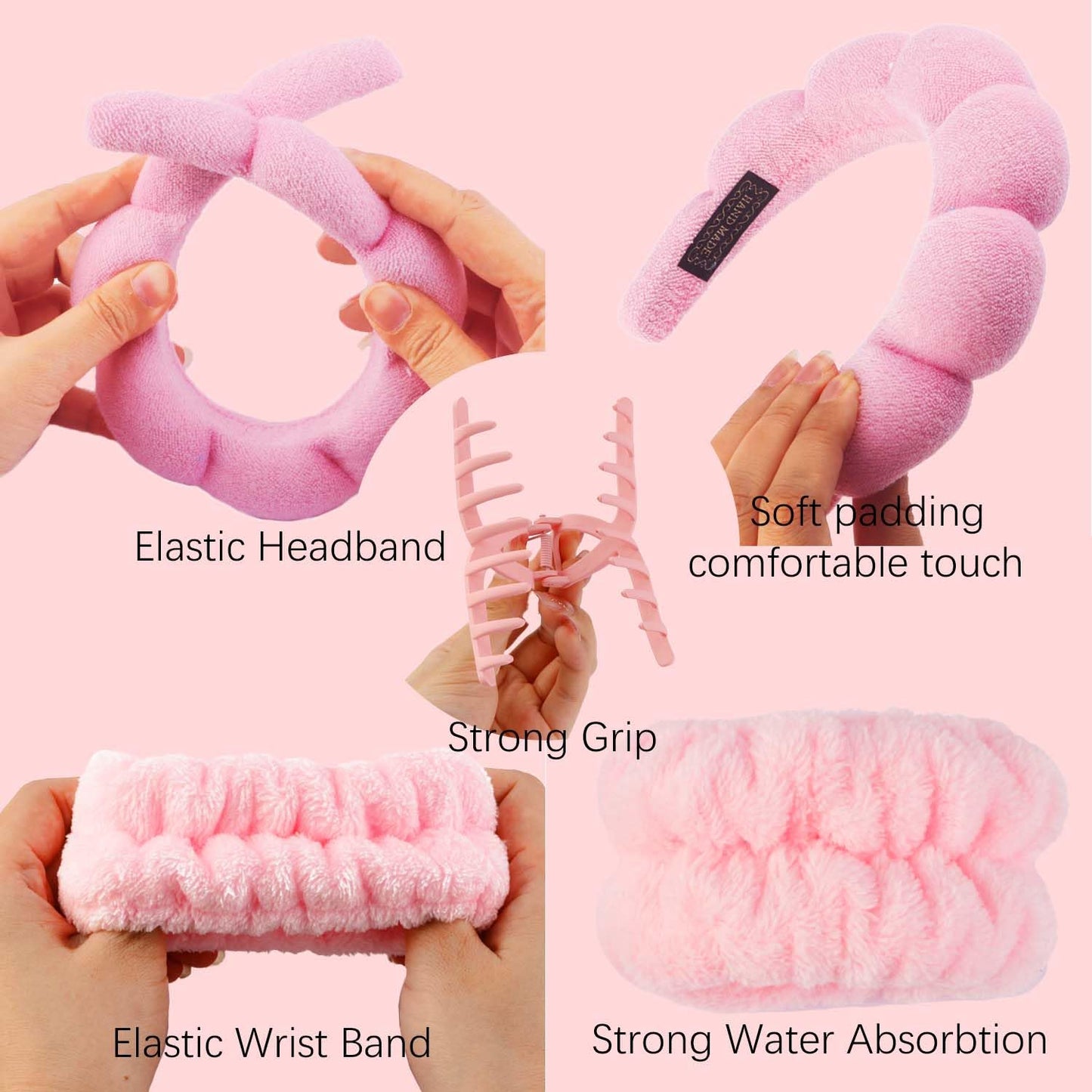 SuPoo Face Wash Headband and Wristband Set - Pink Terry Cloth Spa Hairband with Puffy Sponge, Makeup Headband, and Hair Band with Claw Clips