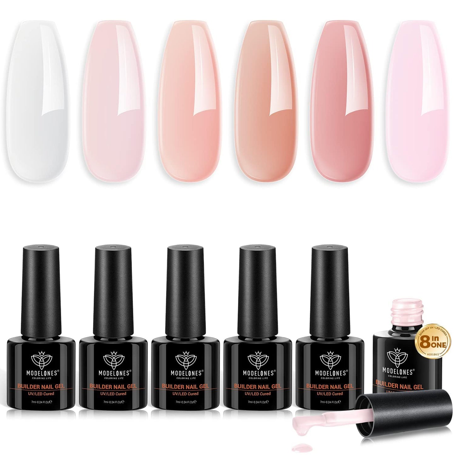 modelones Builder Nail Gel Set, 6 Colors Gel Builder 8-in-One, Jelly Nude Pink Hard Gel Builder Nail Strengthener Extension Gel LED Nail Lamp Cured Color Base Nail Glue Gel in a Bottle