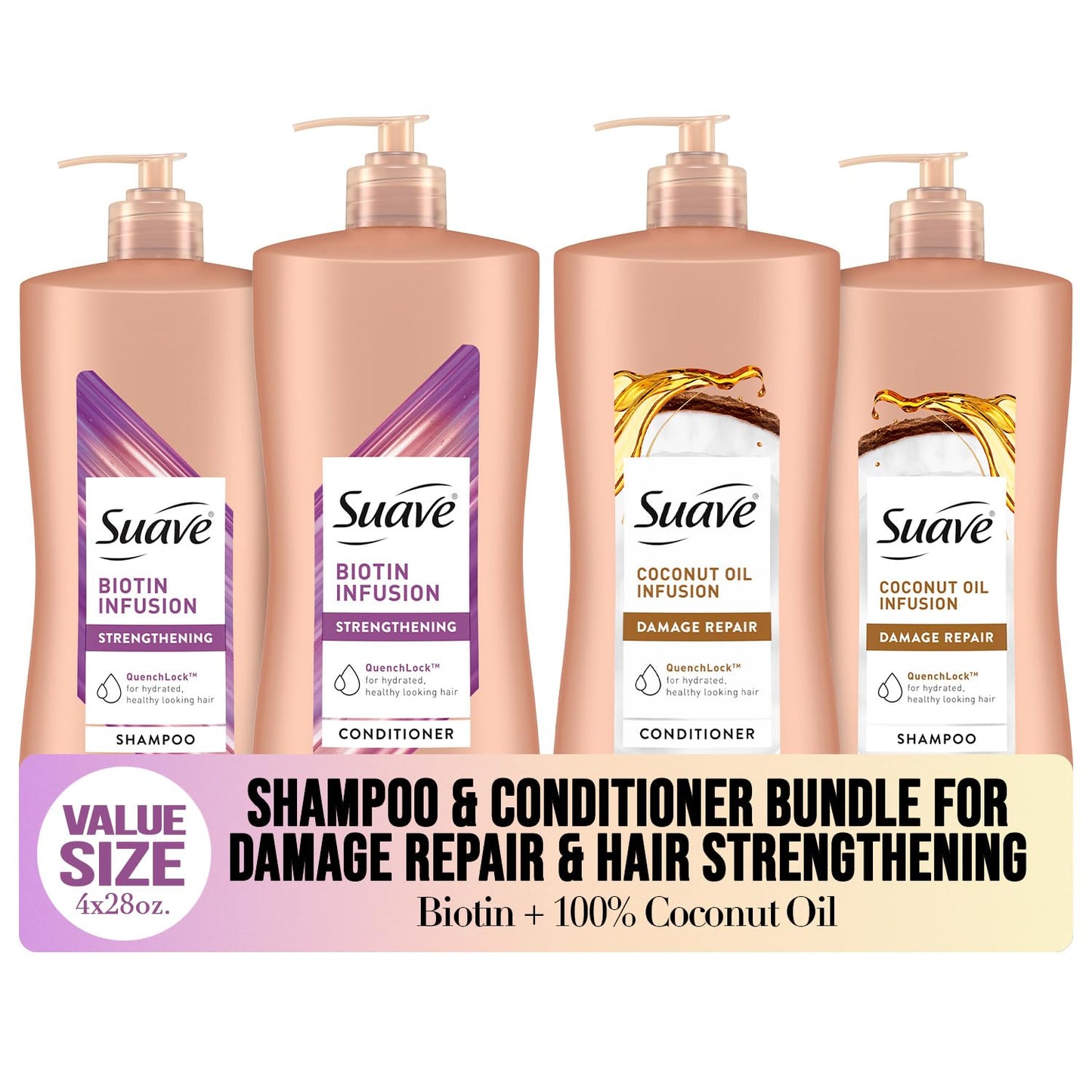 Suave Shampoo and Conditioner Set, Coconut Oil Infusion + Biotin Infusion – Hair Repair & Strengthening Hair Care Bundle, 28 Oz Ea (4 Piece Set)