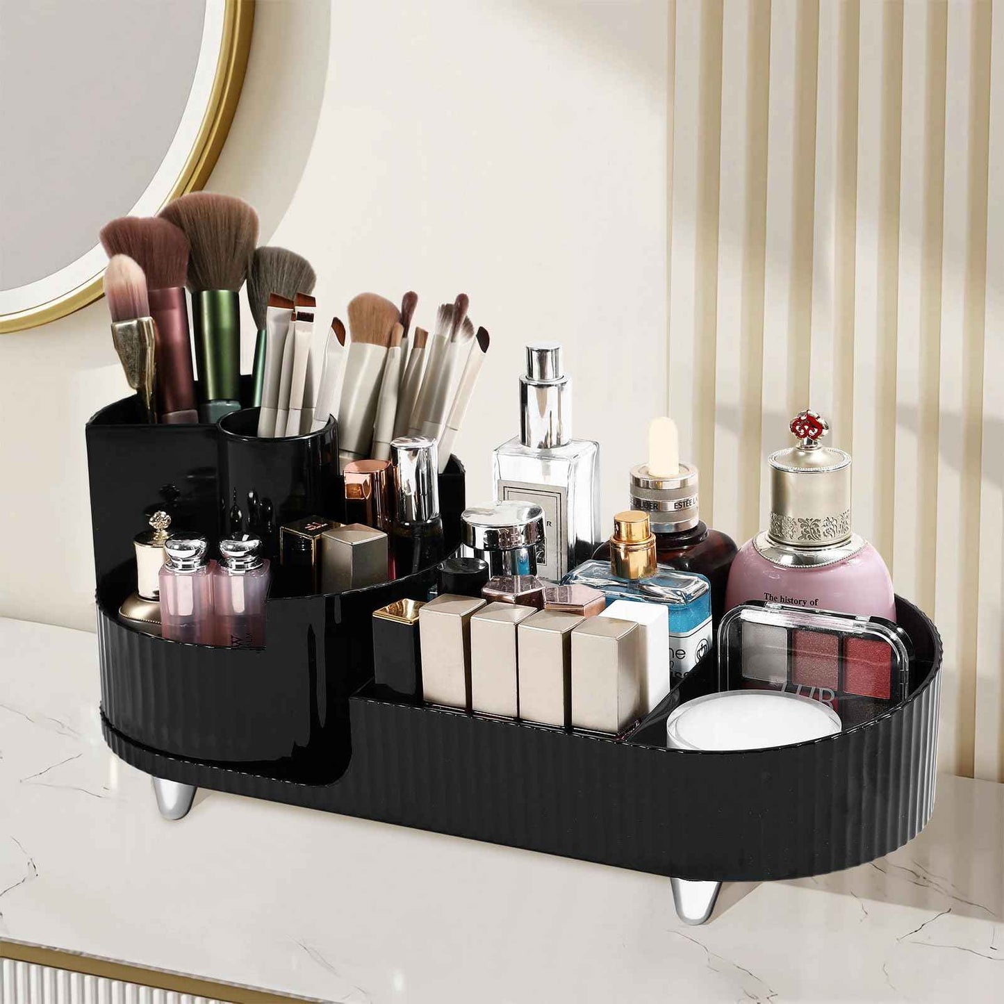 Wlicon Rotating Makeup Organizer Cosmetic Organizer, Cosmetic Display Case Round Vanity Makeup Organizer Cosmetic Storage Display box for Skincare, Brushes, Eyeshadow, Lipstick (Black)