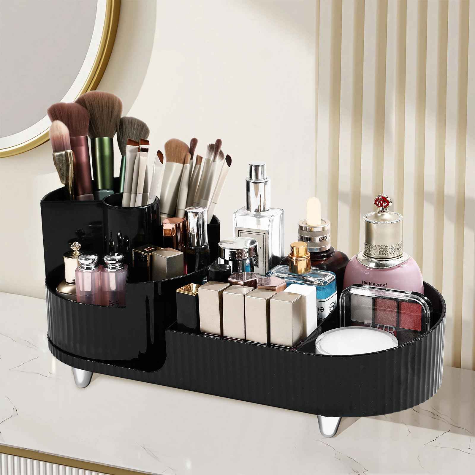 Wlicon Rotating Makeup Organizer Cosmetic Organizer, Cosmetic Display Case Round Vanity Makeup Organizer Cosmetic Storage Display box for Skincare, Brushes, Eyeshadow, Lipstick (Black)
