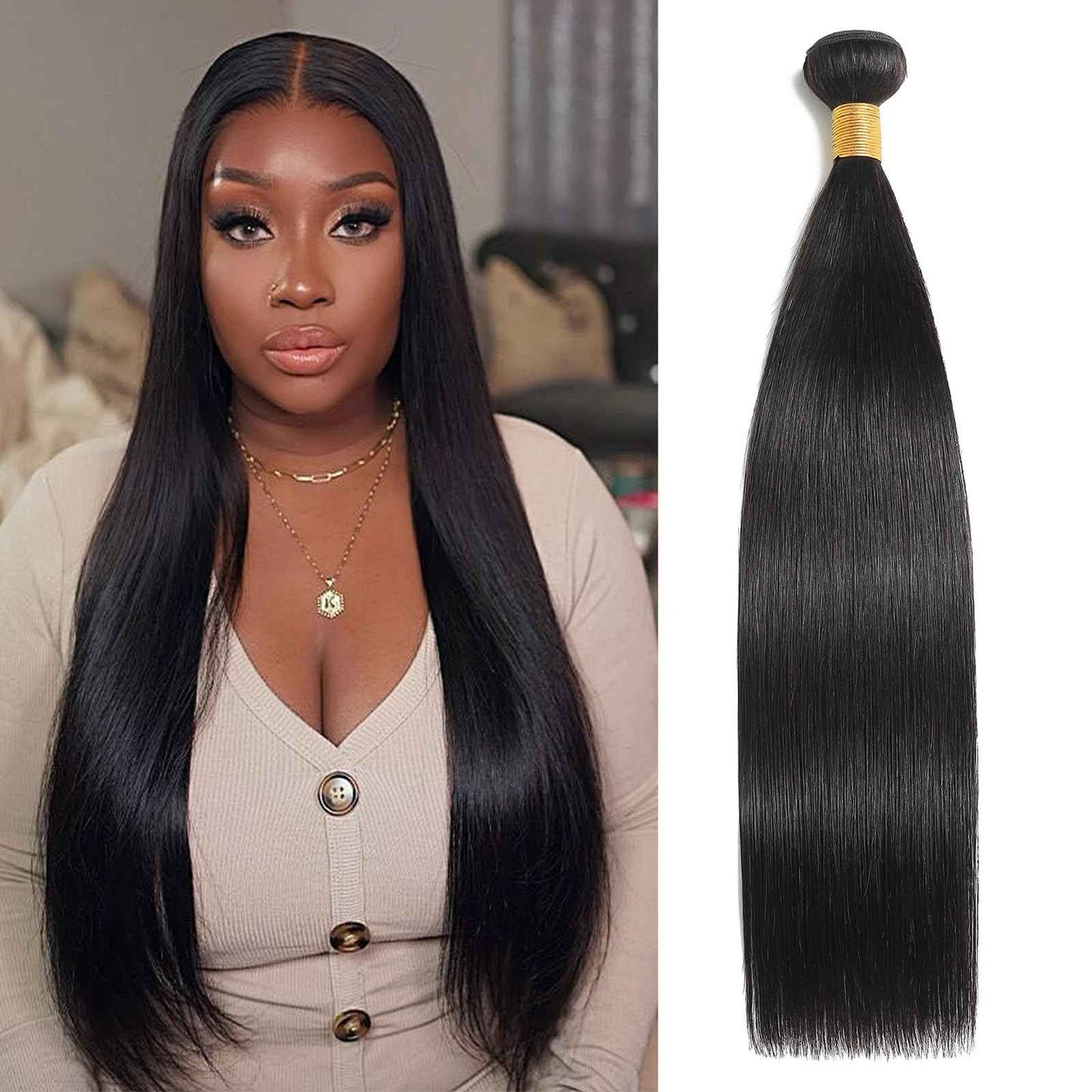 Kaidene Single Bundles Human Hair 24 Inch Straight Human Hair Bundles Natural Black Unprocessed Brazilian Virgin Raw Hair Extensions for Quick Weave and Sew in