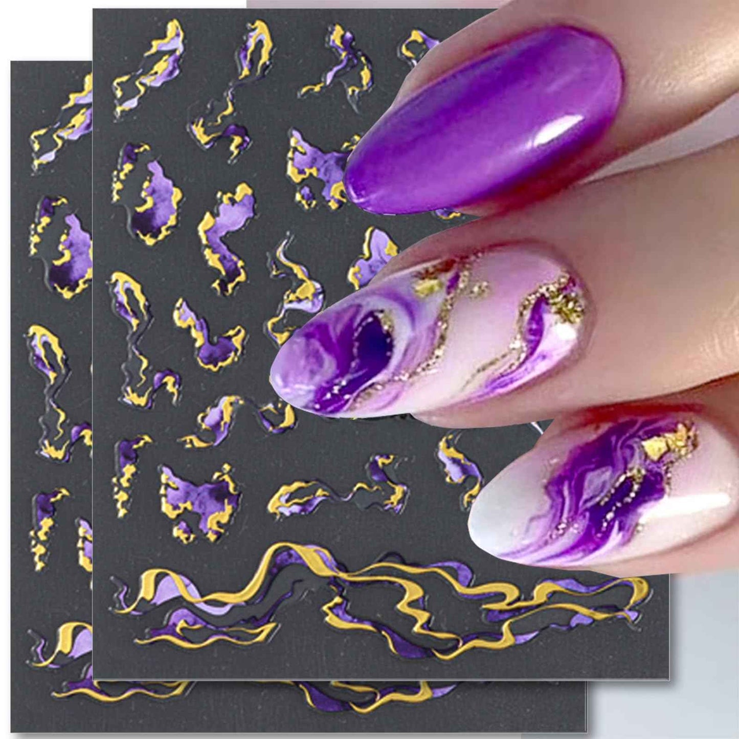 3D Bronzing Gold Marble Nail Art Stickers, 6pcs Blue Purple Irregular Gild Stamping Decals for Women Designs, Self Adhesive Accessories