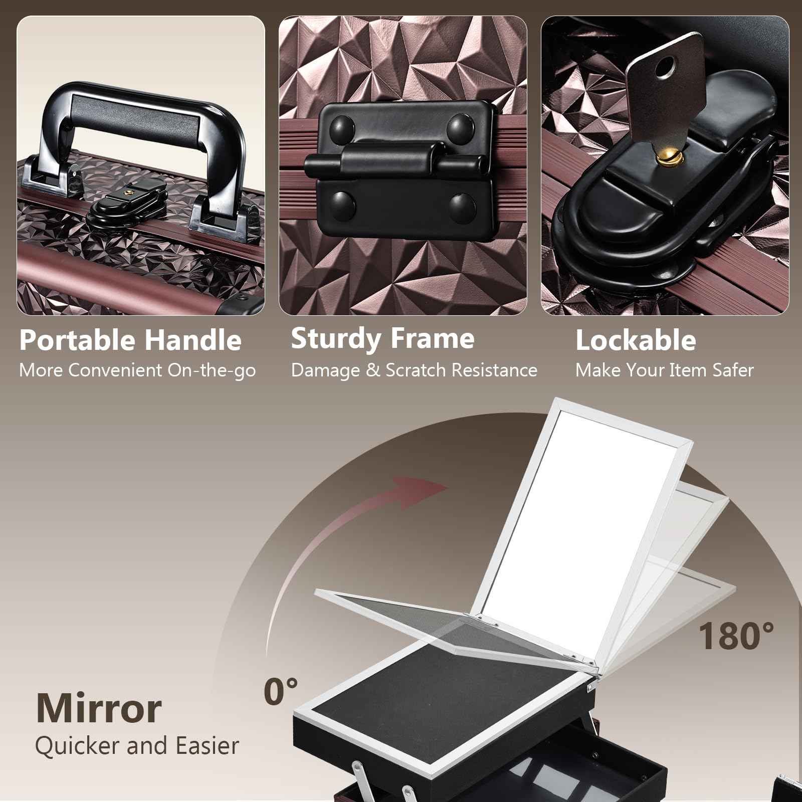 Joligrace Makeup Train Case Cosmetic Box Portable Makeup Case Organizer 2 Trays Makeup Storage with Mirror Locking for Cosmetologist Aesthetic Supplies Nail Tech Traveling Makeup Box Dark Brown