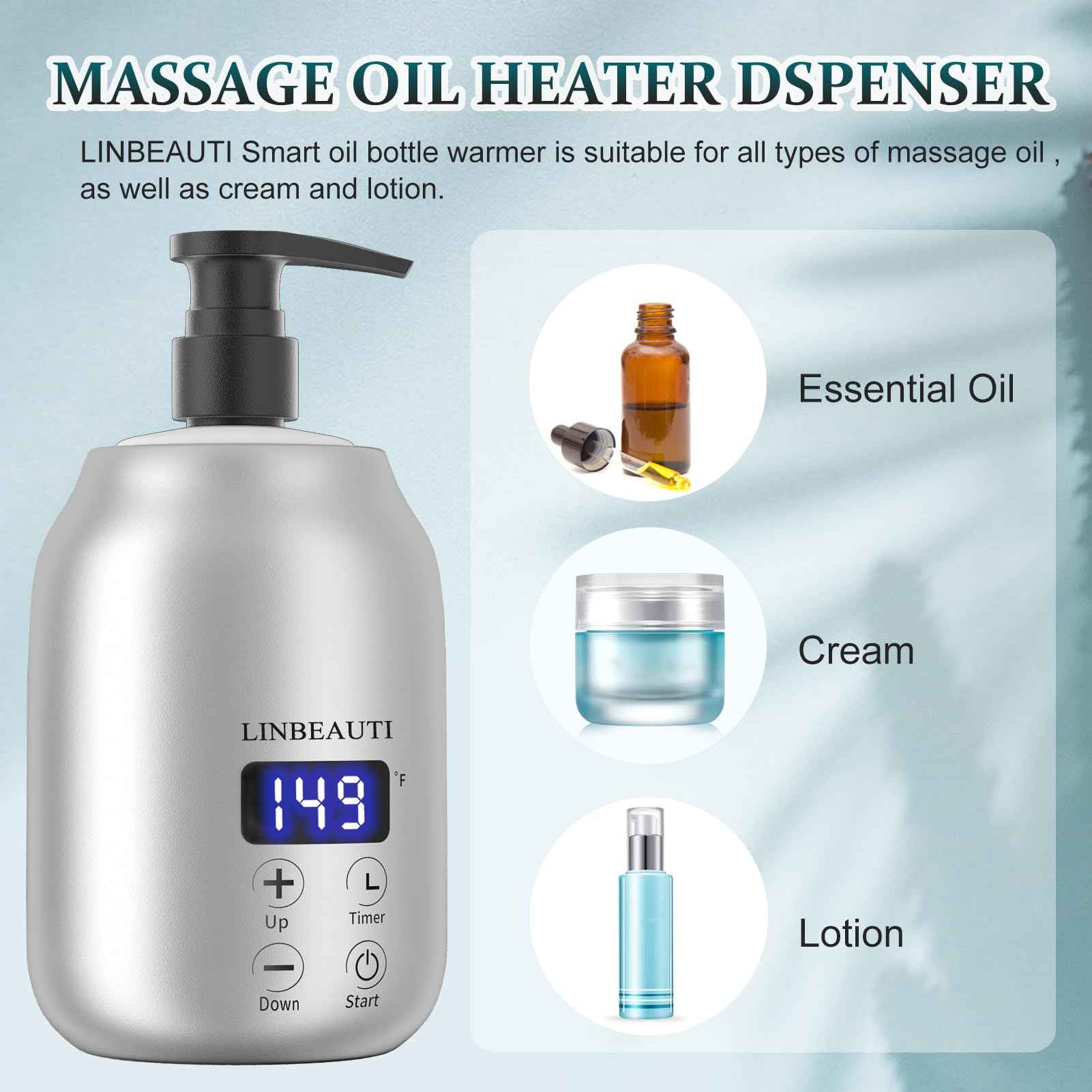 LINBEAUTI Massage Oil Warmer with Two Oil Bottle Dispenser, Lotion Bottle Warmer, Smart Touch Key Electric Warm Lotion Dispenser, Lube Gel Cream Warmer for Home Pro Salon Spa Massage (silver)
