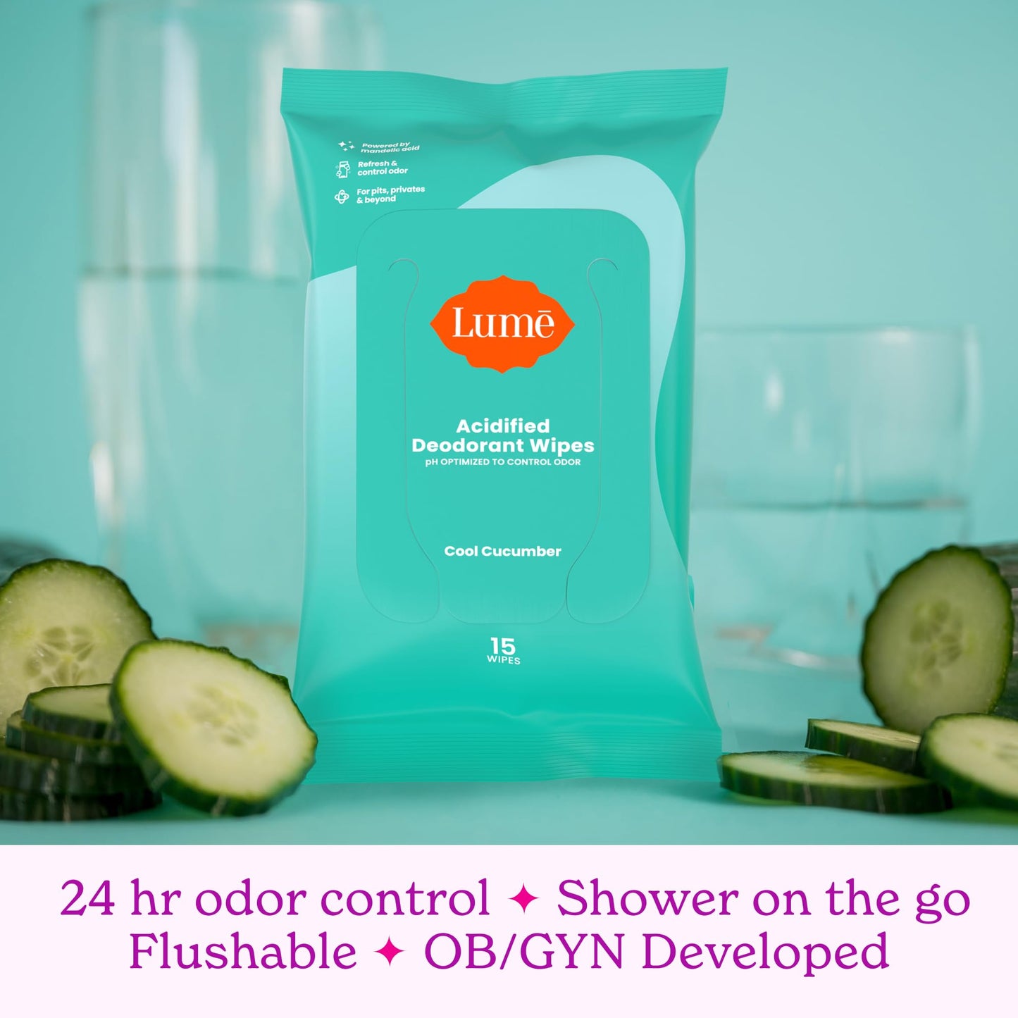 Lume Acidified Deodorant Wipes - 24 Hour Odor Control - Aluminum Free, Baking Soda Free, Skin Loving - Flushable - 15 Count (Pack of 3) (Cool Cucumber)