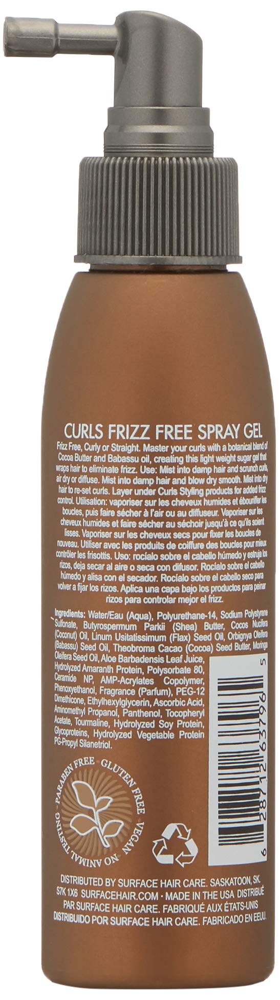 SURFACE Hair Curl Frizz Free Spray Gel, Lightweight Control With Cocoa Butter And Babassu Oil, For Curly Or Straight Hair 4 Fl. Oz.