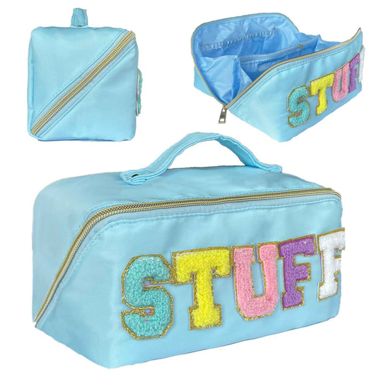 Stoney Clover Dupes Preppy Makeup Bag - Blue Chenille Letter Bag for Travel - Large Capacity Nylon Pouch with Flat Open Design