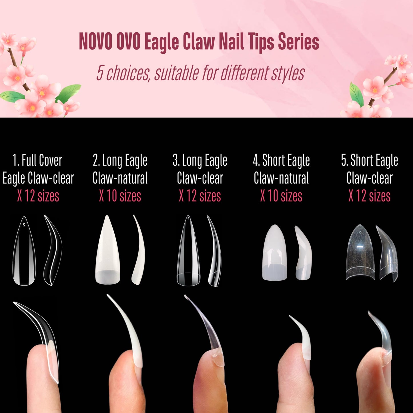 NOVO OVO Nail Tips Curved Stiletto, Clear Gel x Extension kit Full Cover to Make Press on 3D Eagle Claw nails, Thick Extra Hawk Deep Curve Almond French Tips Soft False Fake Acrylic Nail 12 Size 120pc