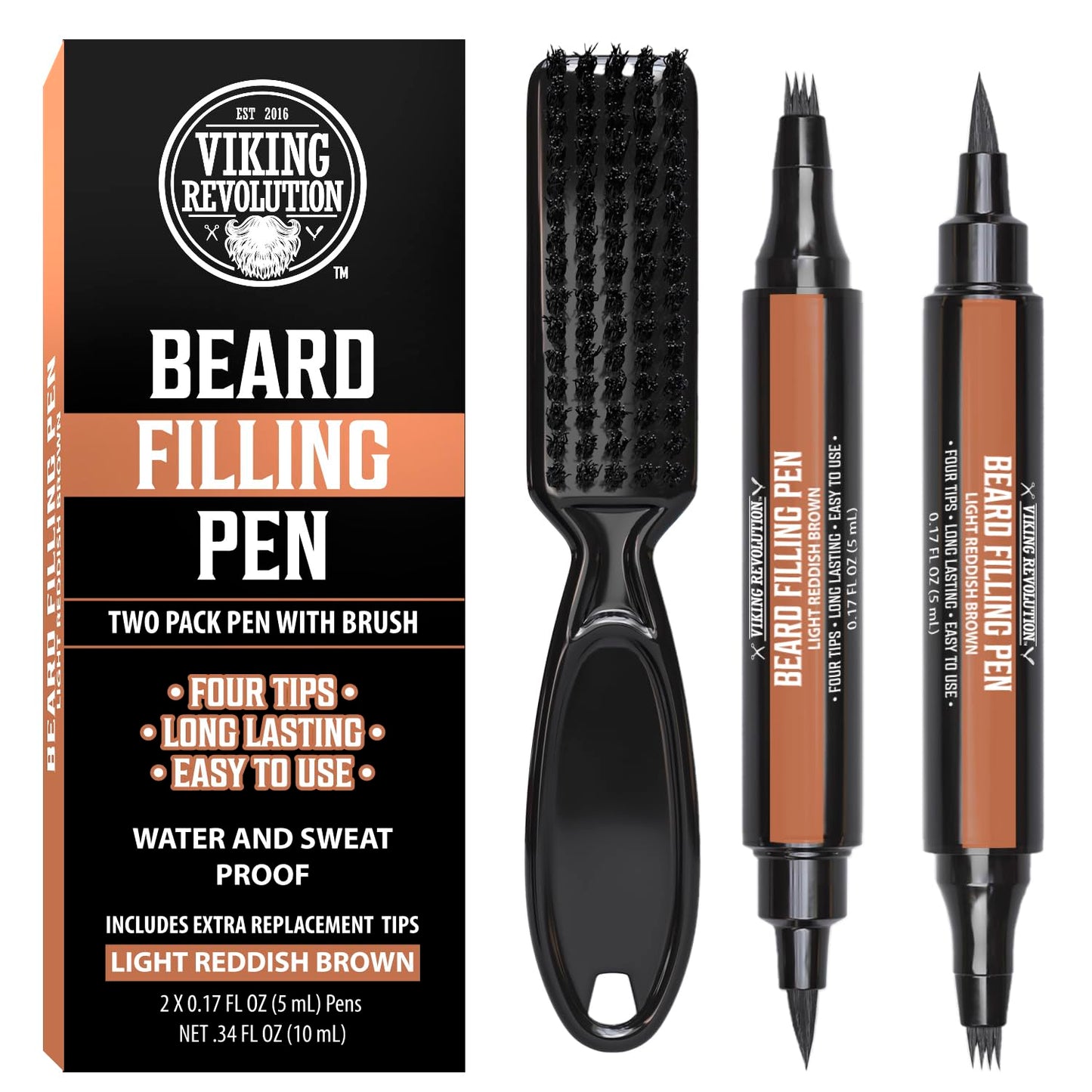 Viking Revolution Beard Pen (2 Pack) - Light Reddish Brown Beard Pencil Filler for Men - Beard Filler for Men Waterproof Beard Filling Pen Kit - Long Lasting Beard Filler Pen with Brush