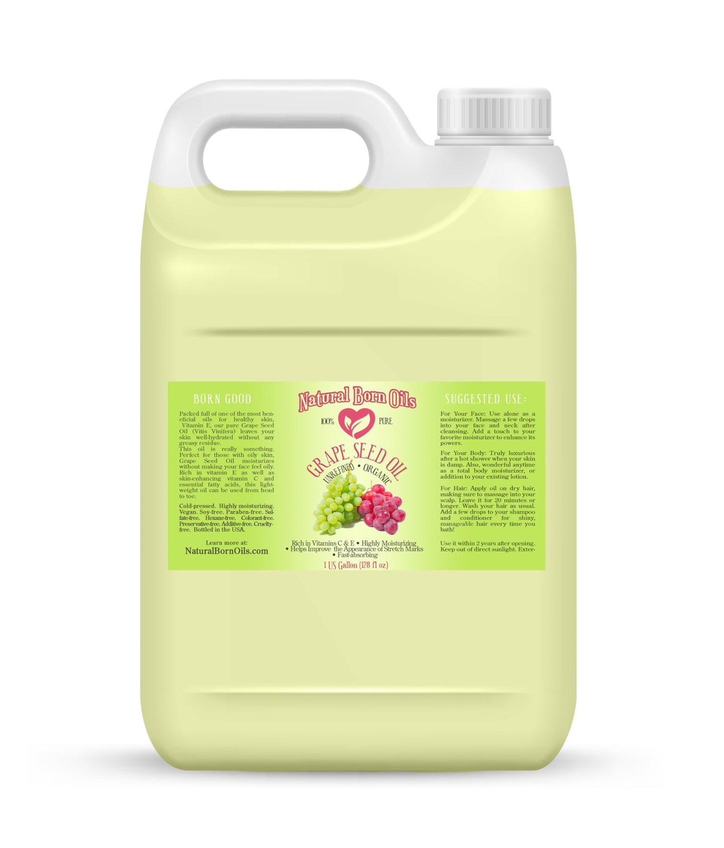 Natural Born Oils Grape Seed Oil, 1 Gallon, Organic, Cold-Pressed, Nutrient-Dense, Deep Skin Nourishment, Hair Revitalization