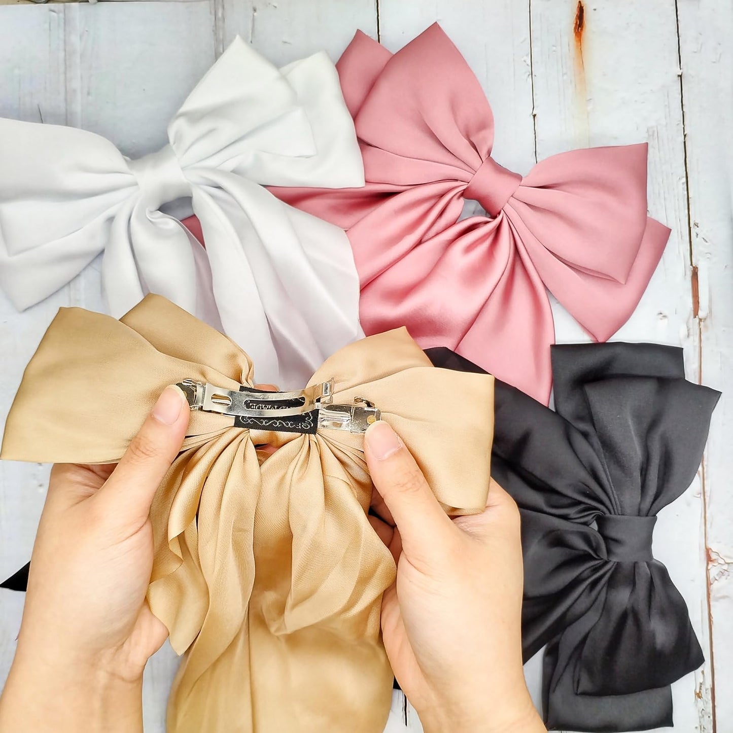 4PCS Hair Bows for Women Big Satin Ribbon Hair Bows Clips White Black Pink Khaki Hair Bows for Girls Oversized Long Tail Silky Ribbons Hair Clips Barrettes Bowknot Hair Accessories Gift