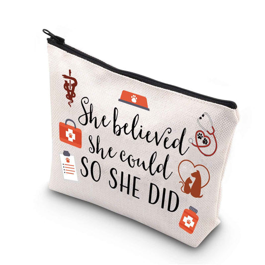 TSOTMO Vet Tech Gift Veterinary Inspirational Gift She Believed She Could So She Did Vet Tech Zipper Pouch Makeup Bag (She believed vet)