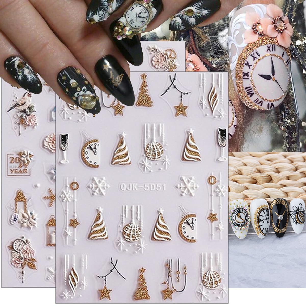 Christmas Nail Art Stickers Decals 5D Embossed Self-Adhesive Nail Art Decals Cute Santa Gnomes Nail Stickers Snowman Xmas Tree Bell Nail Decals for Women New Year Holiday Manicure Decoration 6 Sheets