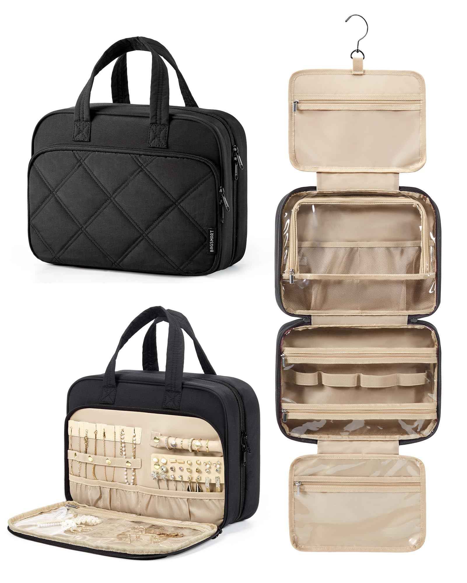 BAGSMART HangingToiletry Bag for Women, Puffy Travel Toiletry Bag with Jewelry Organizer, Waterproof Cosmetic Makeup Bag Compartment, Toiletries Kit Set for Traveling, Accessories, Essentials (M)