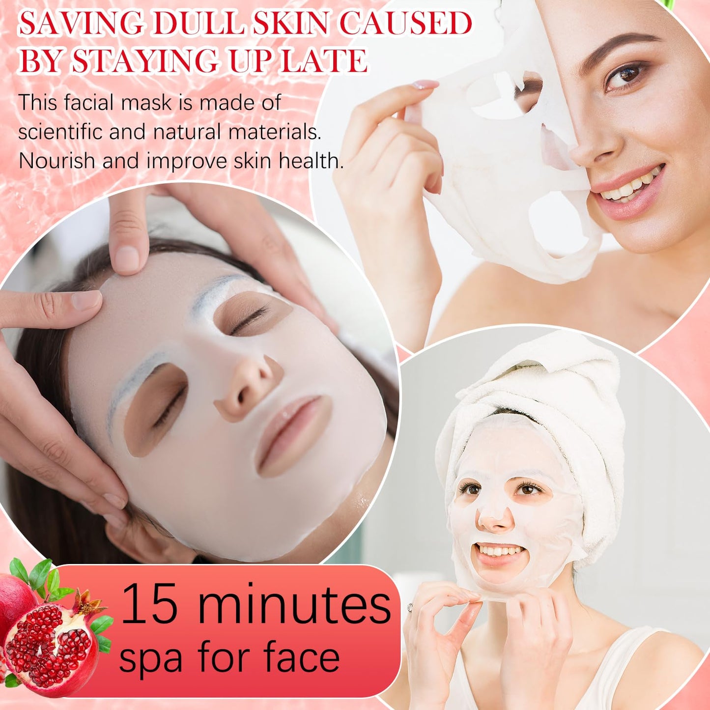 Dimsile 24 Pcs Combo Essence Face Masks Skincare Hydraiting Facial Mask Moisturizing Self Care Sheet Mask for Women Girls Home Spa Skin Care (Pomegranate)