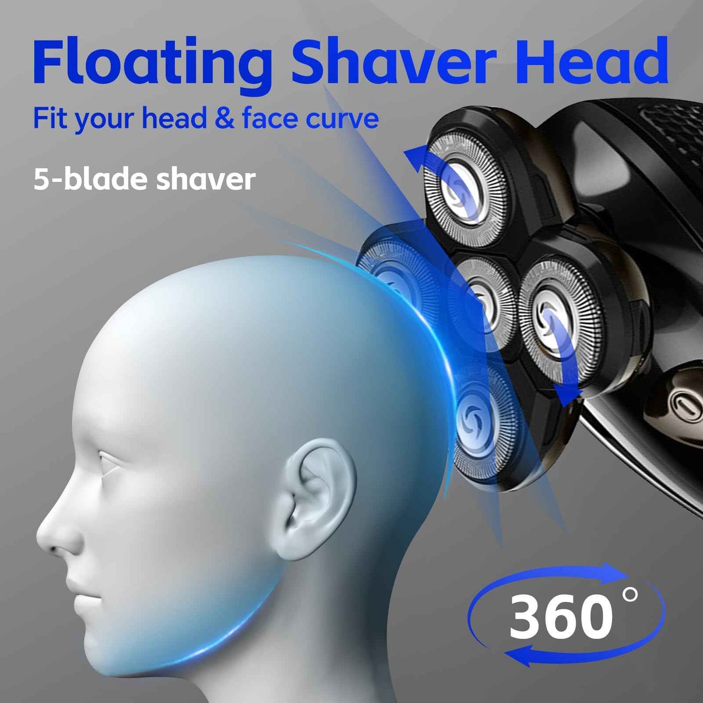 Bald Head Shaver,Electric Head Shavers for Bald Men, 5-in-1 Head and Face Grooming Kit, Waterproof Cordless Rotary Razor and USB Rechargeable,Gifts for Men