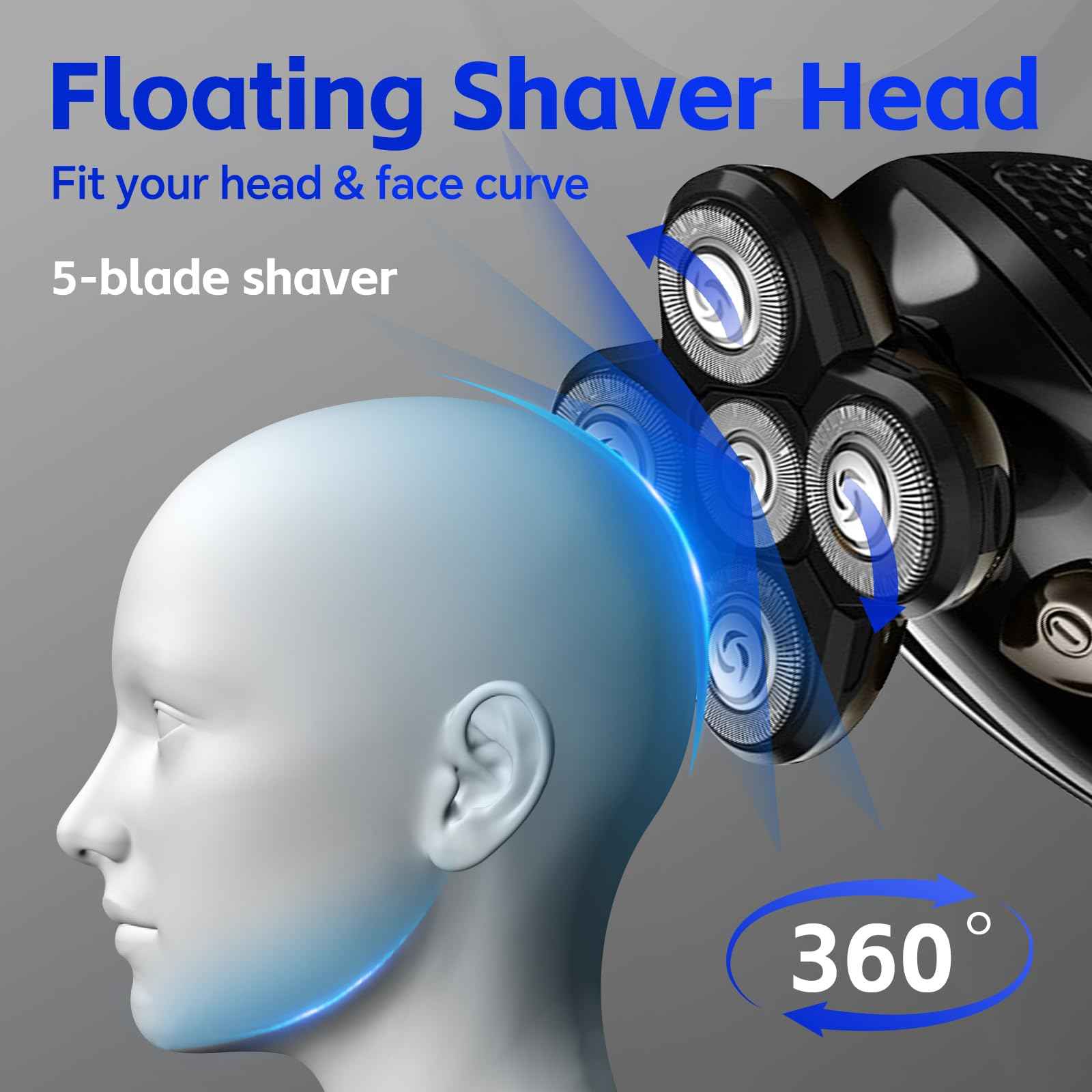 Bald Head Shaver,Electric Head Shavers for Bald Men, 5-in-1 Head and Face Grooming Kit, Waterproof Cordless Rotary Razor and USB Rechargeable,Gifts for Men