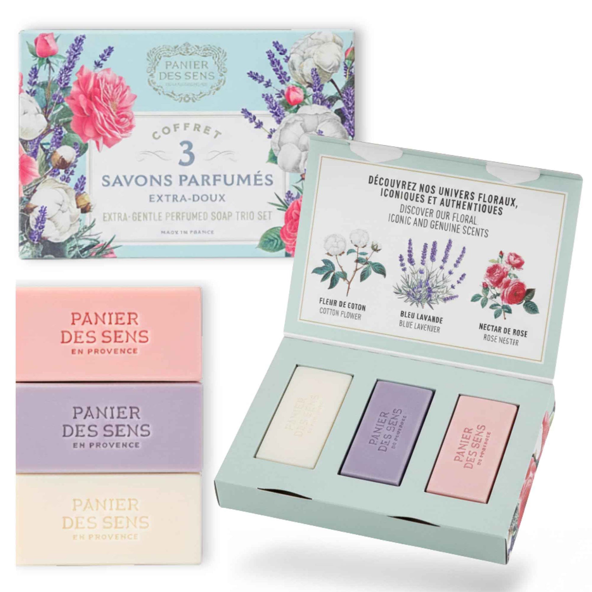 Panier des Sens - Bar Soap Gift Set for Women - Cotton, Rose, Lavender Soap Bars - & Birthday Gifts for Her - Hand & Body Soap Bars with Shea Butter - 97% Natural Ingredients - 3x3.5oz