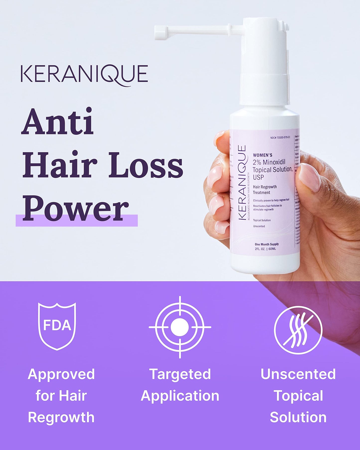 Keranique Hair Regrowth Treatment for Women - 2% Minoxidil for Hair Growth & Thickening - Topical Solution Scalp Treatment for Hair Loss & Thinning w/ Precision Spray Applicator - 2 Fl Oz