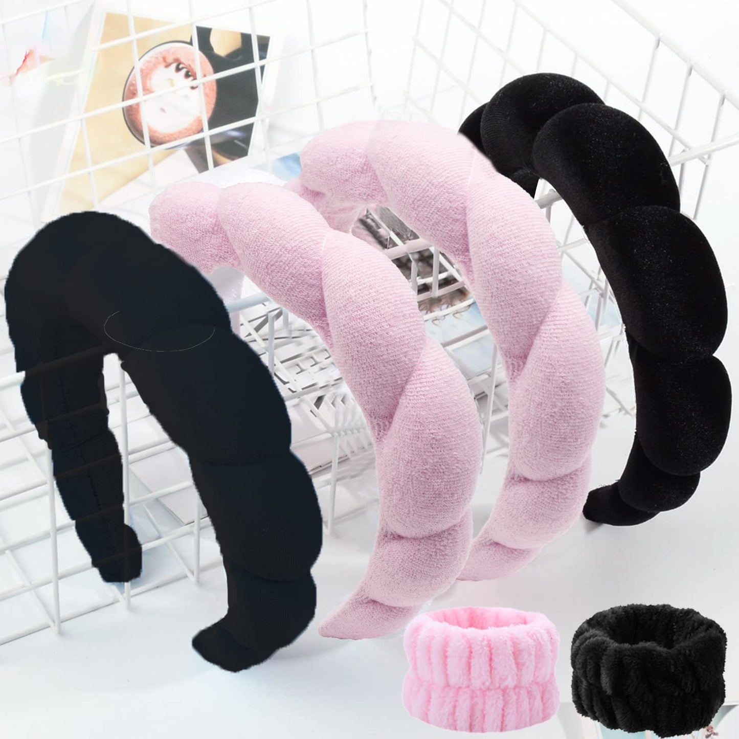 Spa Headband and Wristband Scrunchies for Washing Face, Terry Cloth Towel Head Band for for Makeup Removal, Shower (Pink)