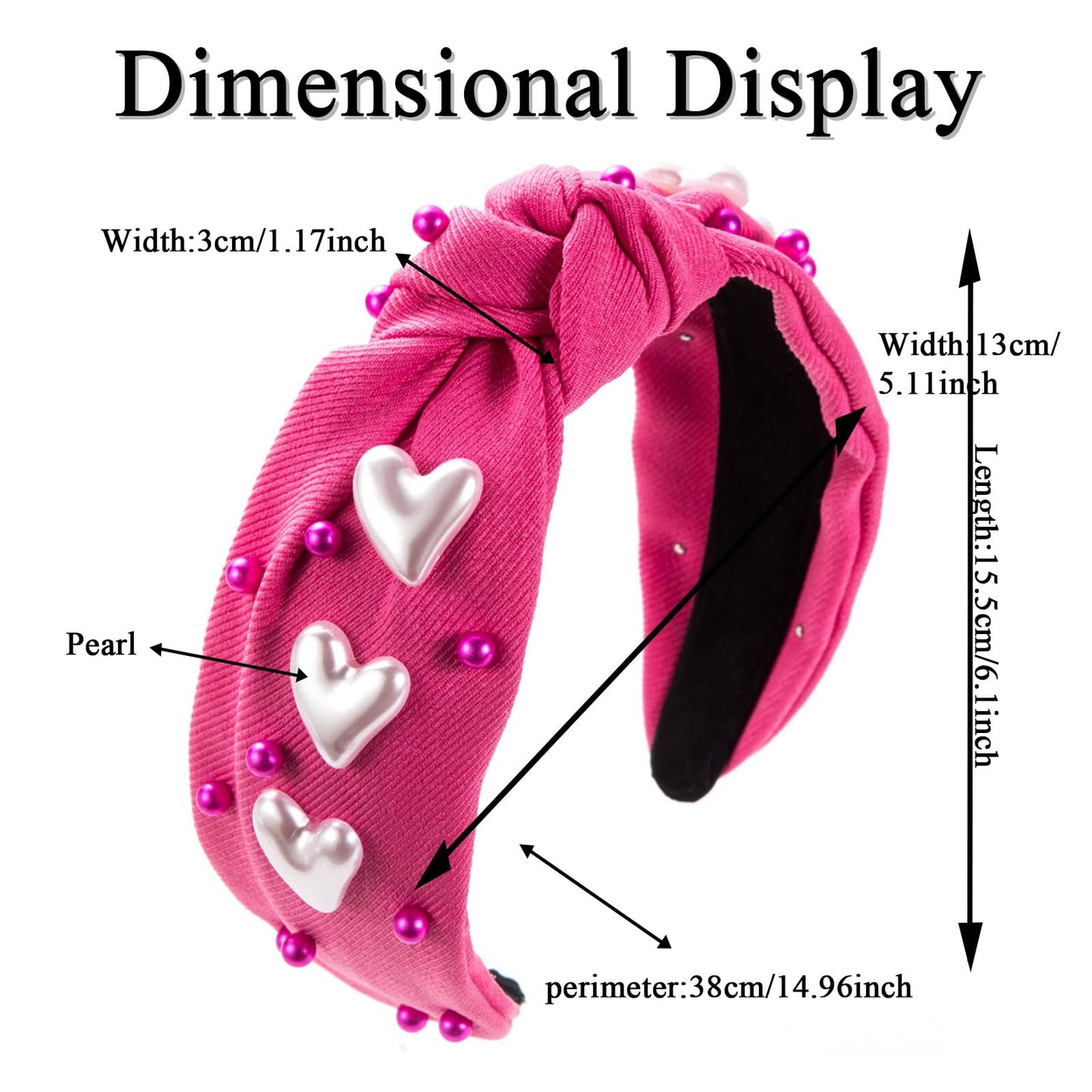 HIFANMM Valentines Day Headbands Red Knotted Heart Hair Bands for Women Girls, Pearls Rhinestone Hearts Hair Accessories, Non Slip Wide Top Knot Fashion Hair Decoration Party Supplies Hair Hoop 1Pcs