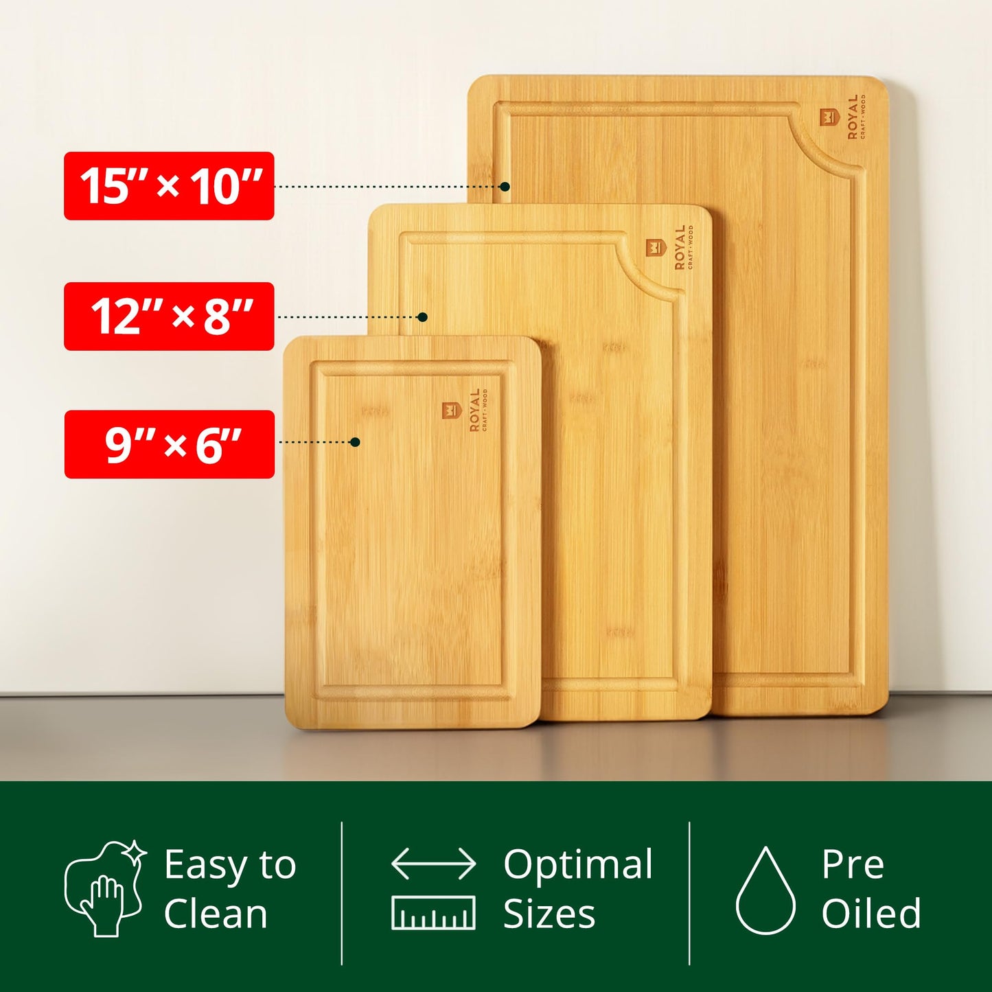 ROYAL CRAFT WOOD Cutting Boards for Kitchen - Bamboo Cutting Board Set of 3, Cutting Boards with Juice Grooves, Serving Board Set, Thick Chopping Board for Meat, Veggies, Easy Grip Handle