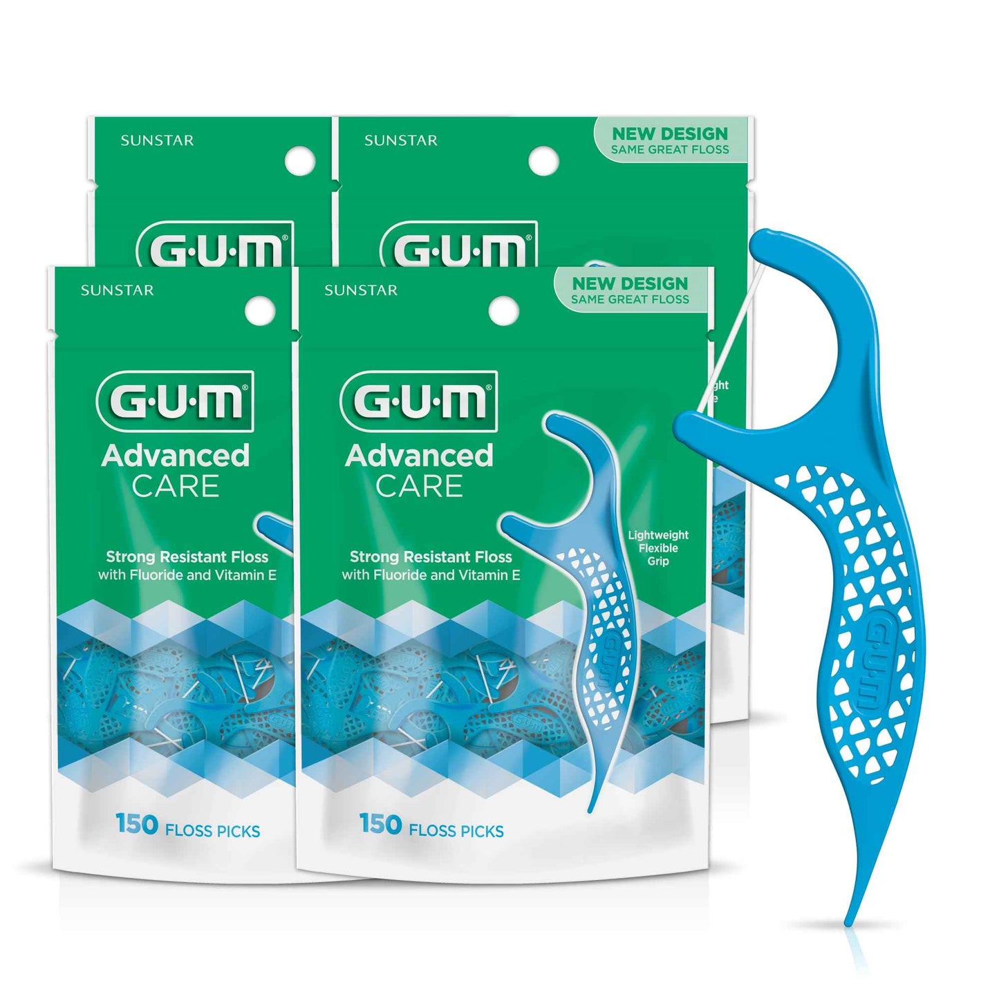 GUM Advanced Care Floss Picks - Dental Flossers for Adults with Vitamin E and Fluoride - Extra Strong Shred-Resistant Dental Floss, Easy Grip Handle, Fresh Mint Flavor, 150 Count (Pack of 4)